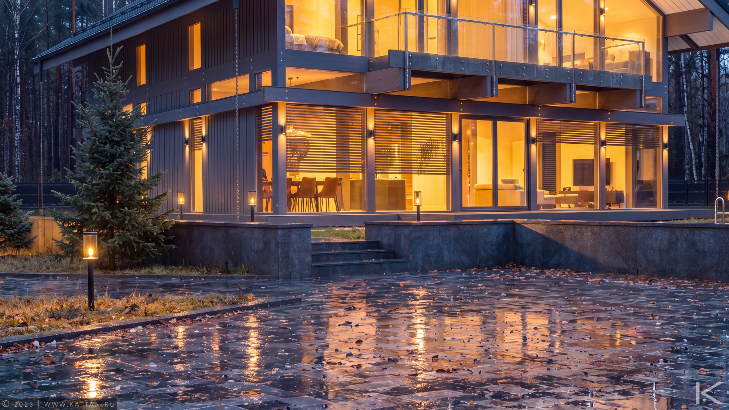 Graphite Residence — façade reflected in the terrace paving.