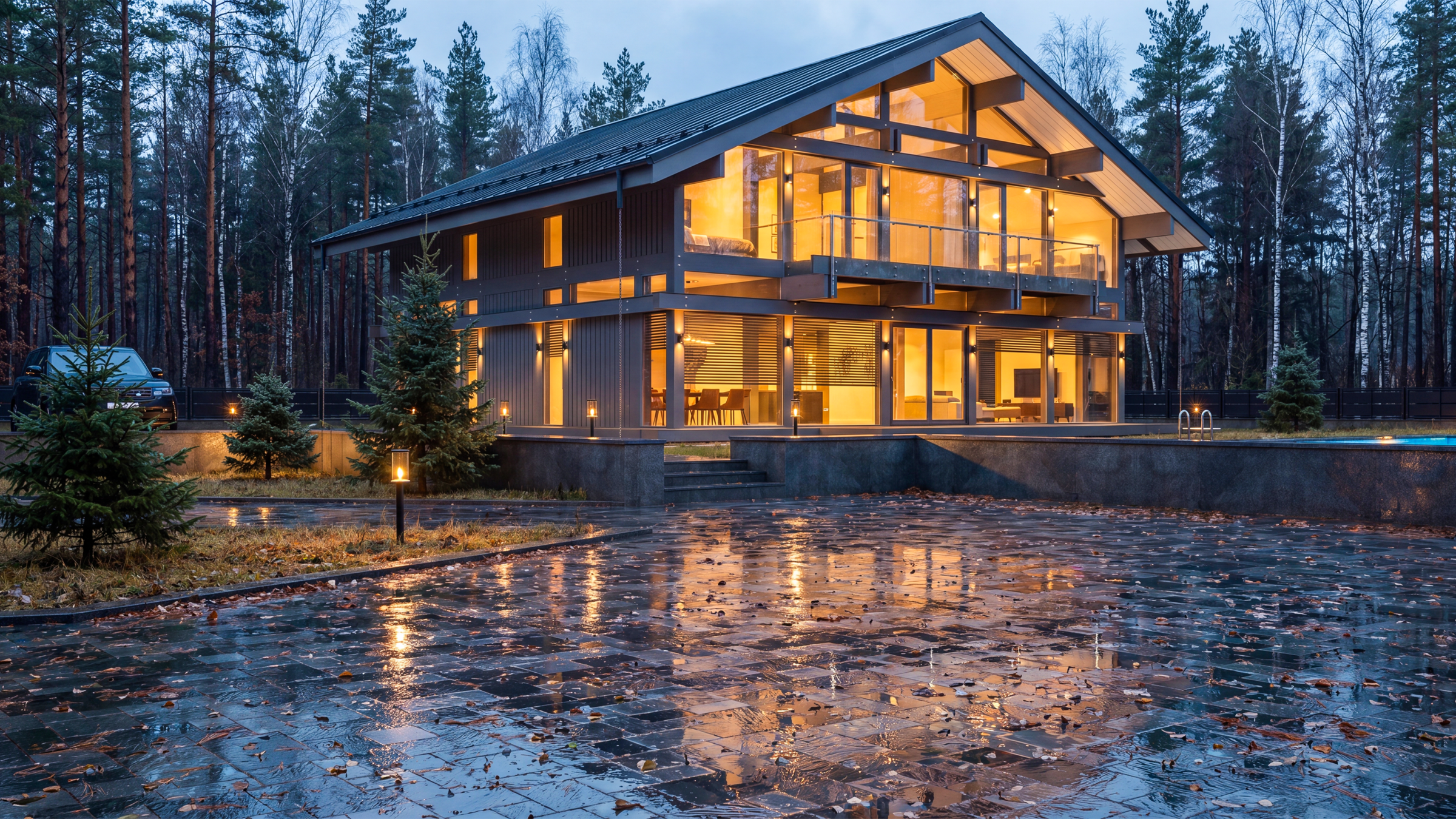 Graphite Residence — Fachwerk façade and panoramic glazing at dusk.
