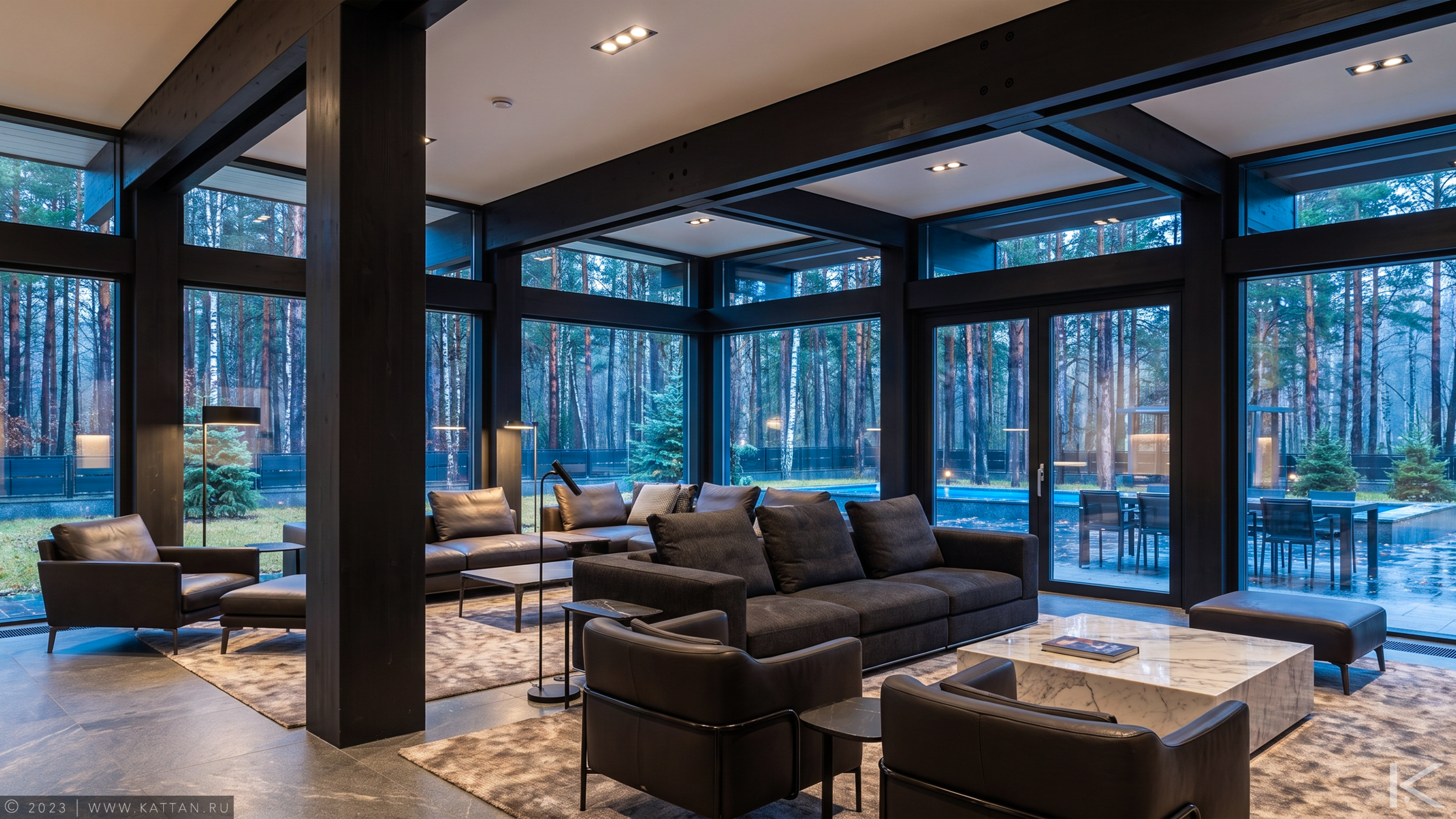 Graphite Residence — detail of panoramic glazing set within the timber frame.
