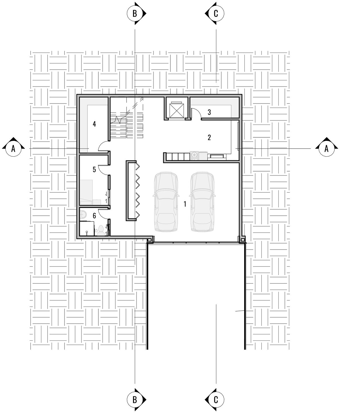 Basement plan: 1. Garage; 2. Laundry; 3. Storage room; 4. Mechanical room; 5. Staff bedroom; 6. Staff bathroom.