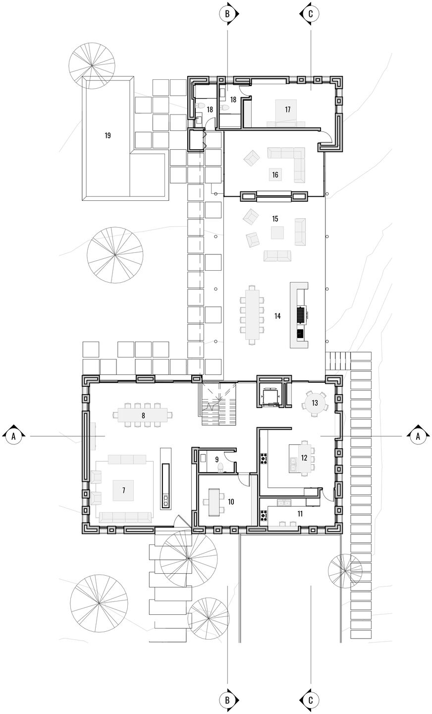 Ground-floor plan: 7. Living room; 8. Dining room; 9. Guest bathroom; 10. Study;11. Service kitchen; 12. Kitchen; 13. Breakfast area;14. Barbecue area; 15. Covered terrace;