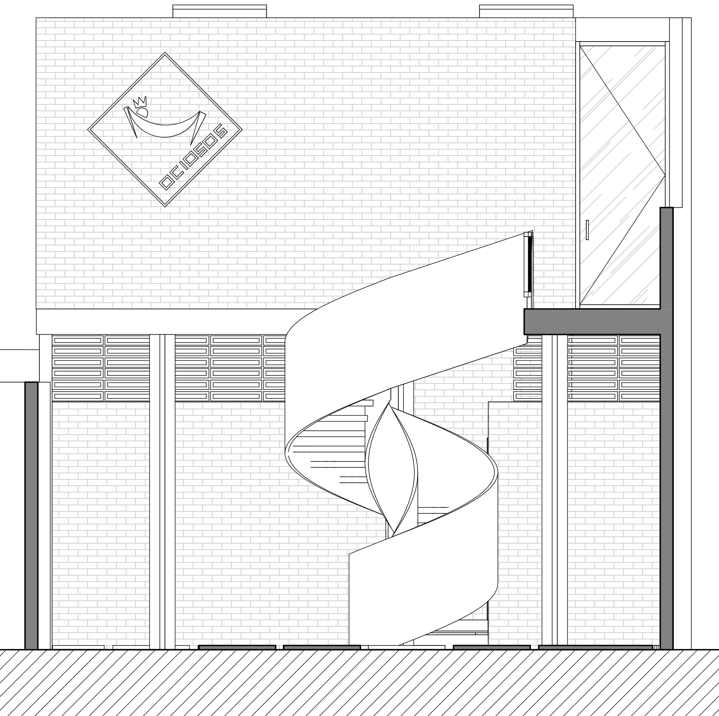 Rear elevation featuring the helical staircase as a sculptural element and vertical connector.