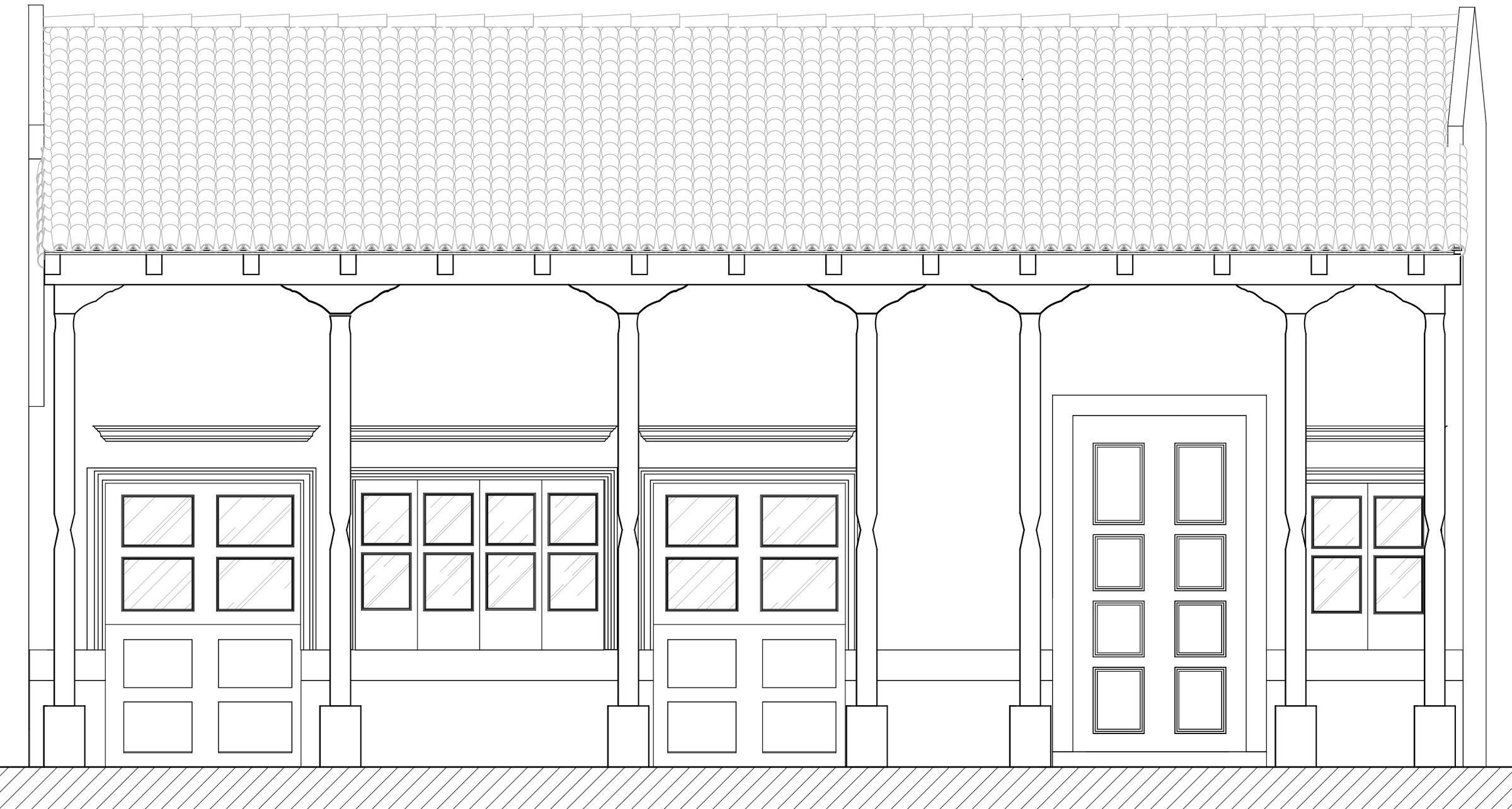 East front elevation. The gallery, tiled roof, and rhythm of the timber elements reinterpret the historic center’s traditional architecture.