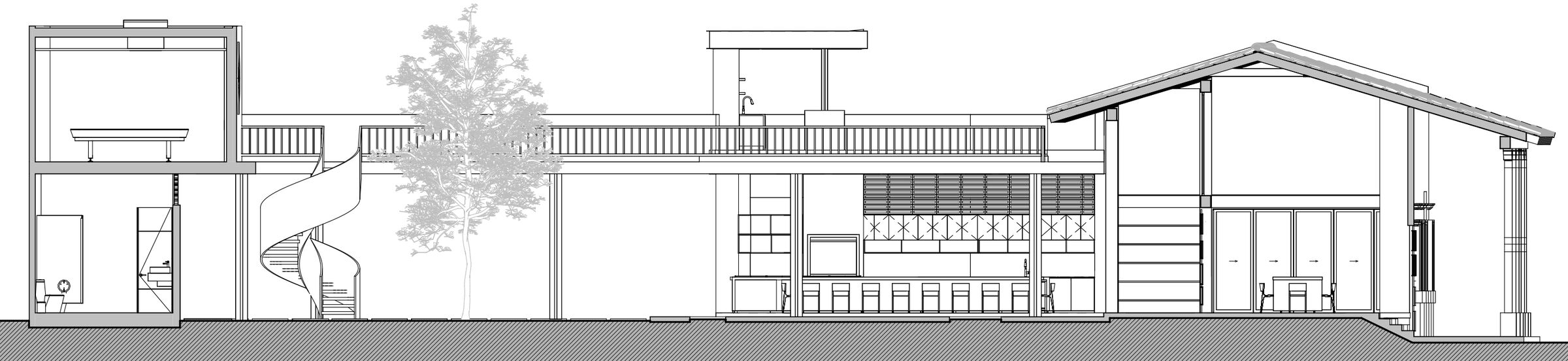 Longitudinal section showing the sequence of gallery, hall, courtyards, barbecue area, and upper terrace.