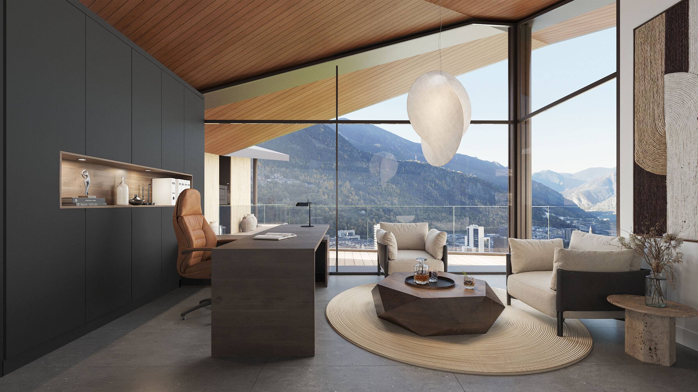Living room with integrated home office and mountain views