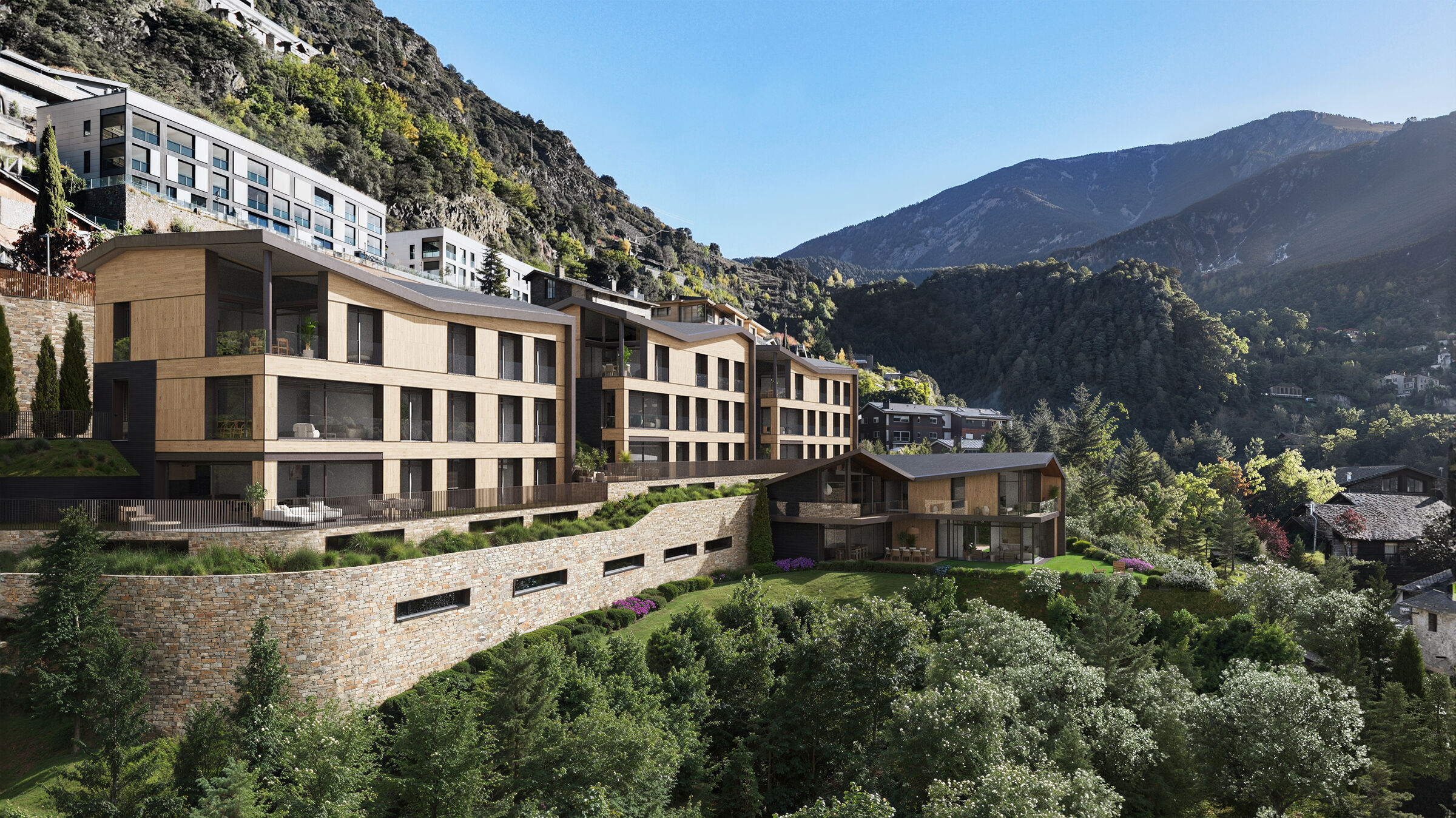 Aerial view of the residential complex within the valley