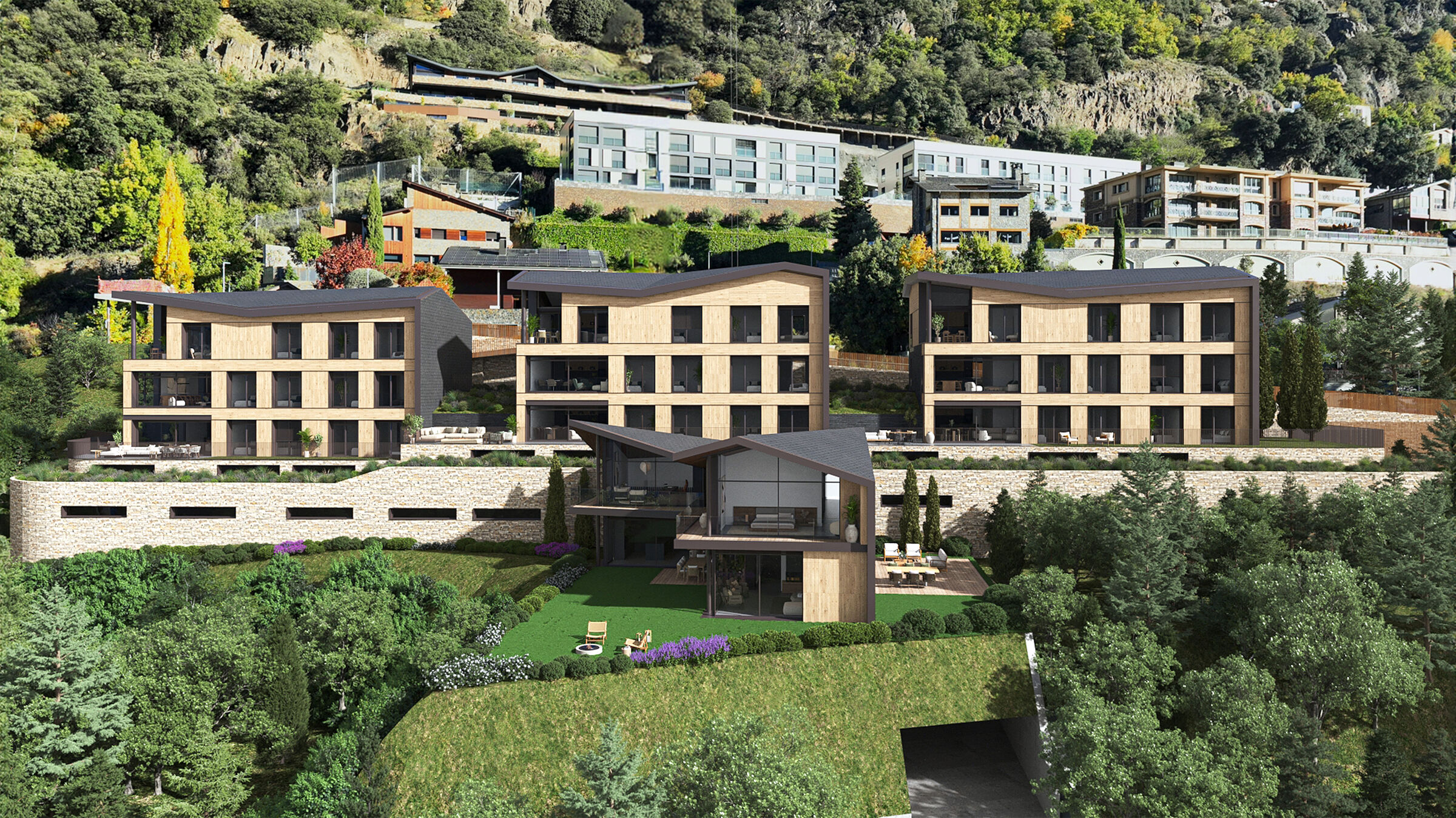 Overview of the three residential buildings and private villa
