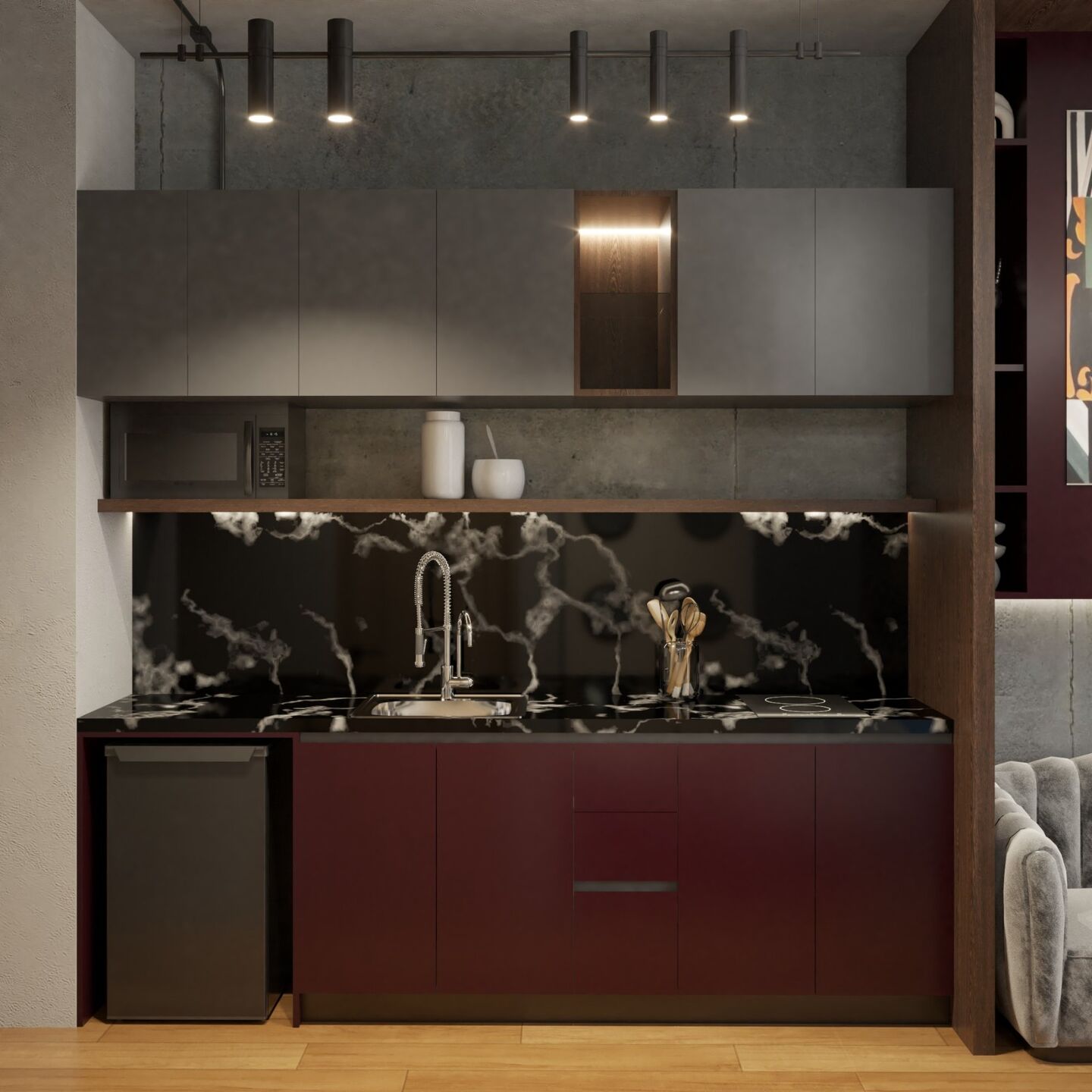 Sí, para renders lo haría un poco más conceptual y arquitectónico:  MICROCOSMOS render showing the spatial strategy, custom furniture and multifunctional layout designed to maximize 24 m² of compact living.