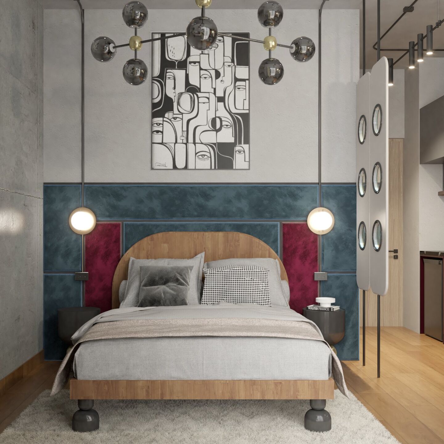 Sí, para renders lo haría un poco más conceptual y arquitectónico:  MICROCOSMOS render showing the spatial strategy, custom furniture and multifunctional layout designed to maximize 24 m² of compact living.
