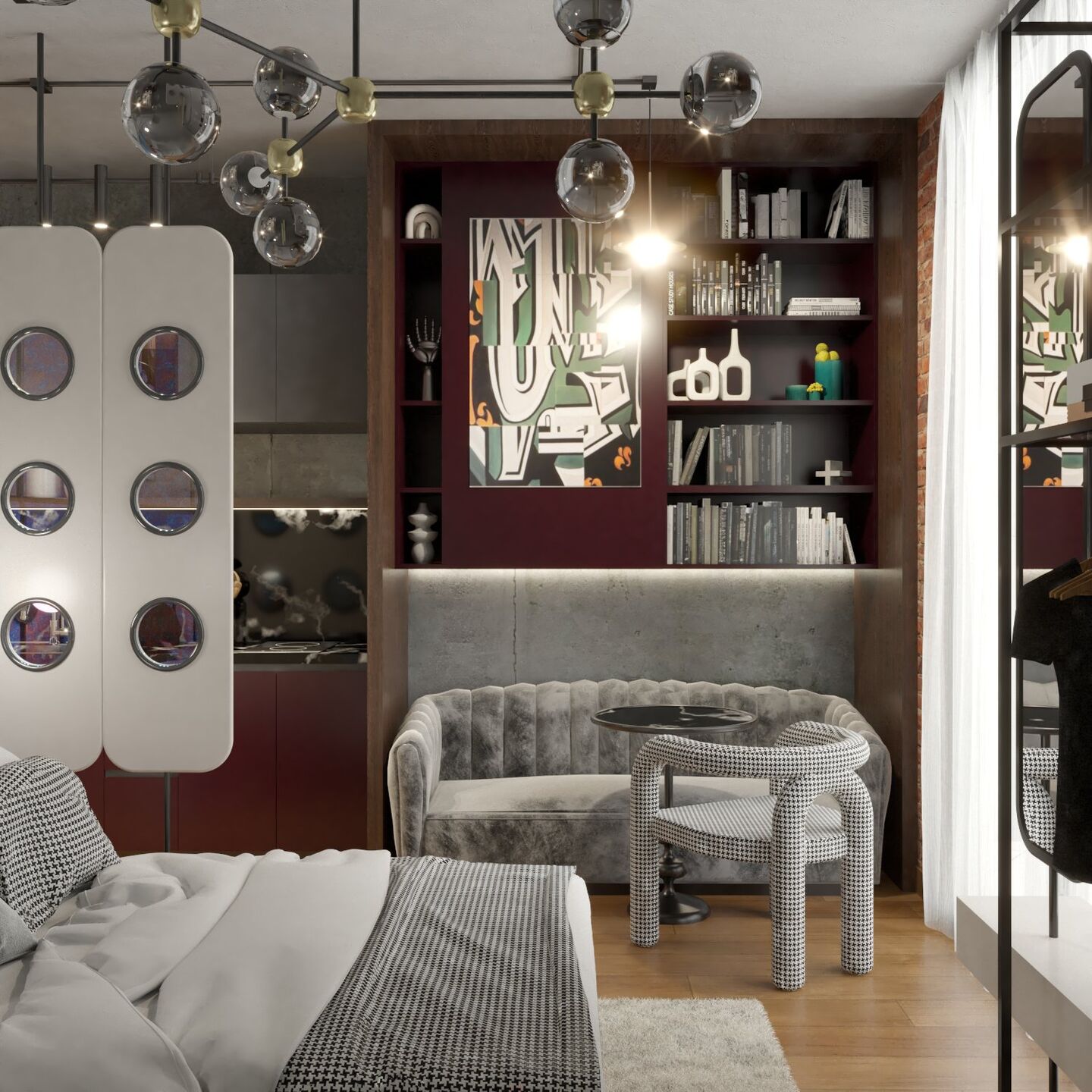 Sí, para renders lo haría un poco más conceptual y arquitectónico:  MICROCOSMOS render showing the spatial strategy, custom furniture and multifunctional layout designed to maximize 24 m² of compact living.