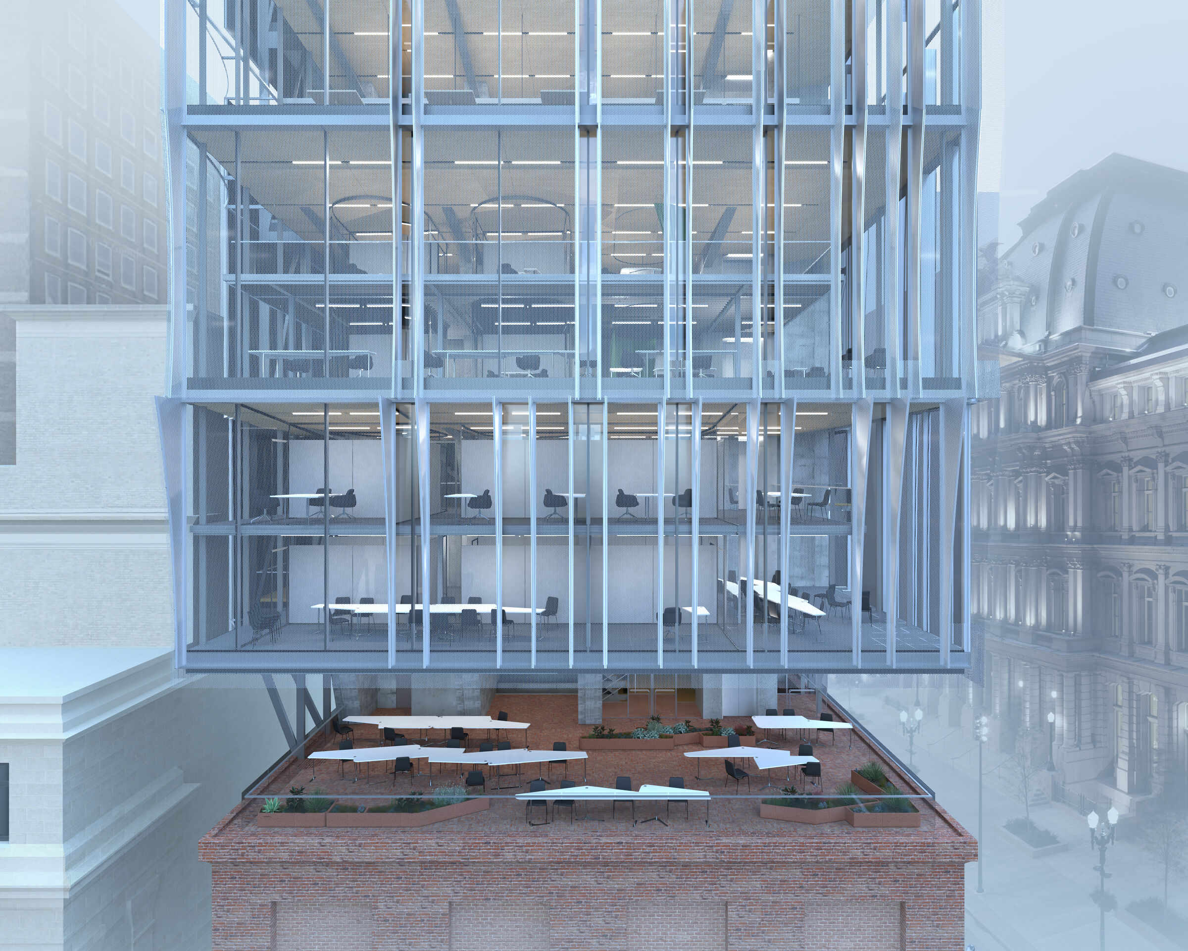 Lower Floors Façade: Façade pattern follows the structure, with gaps at column points to suggest the ‘ghost’ of the original building