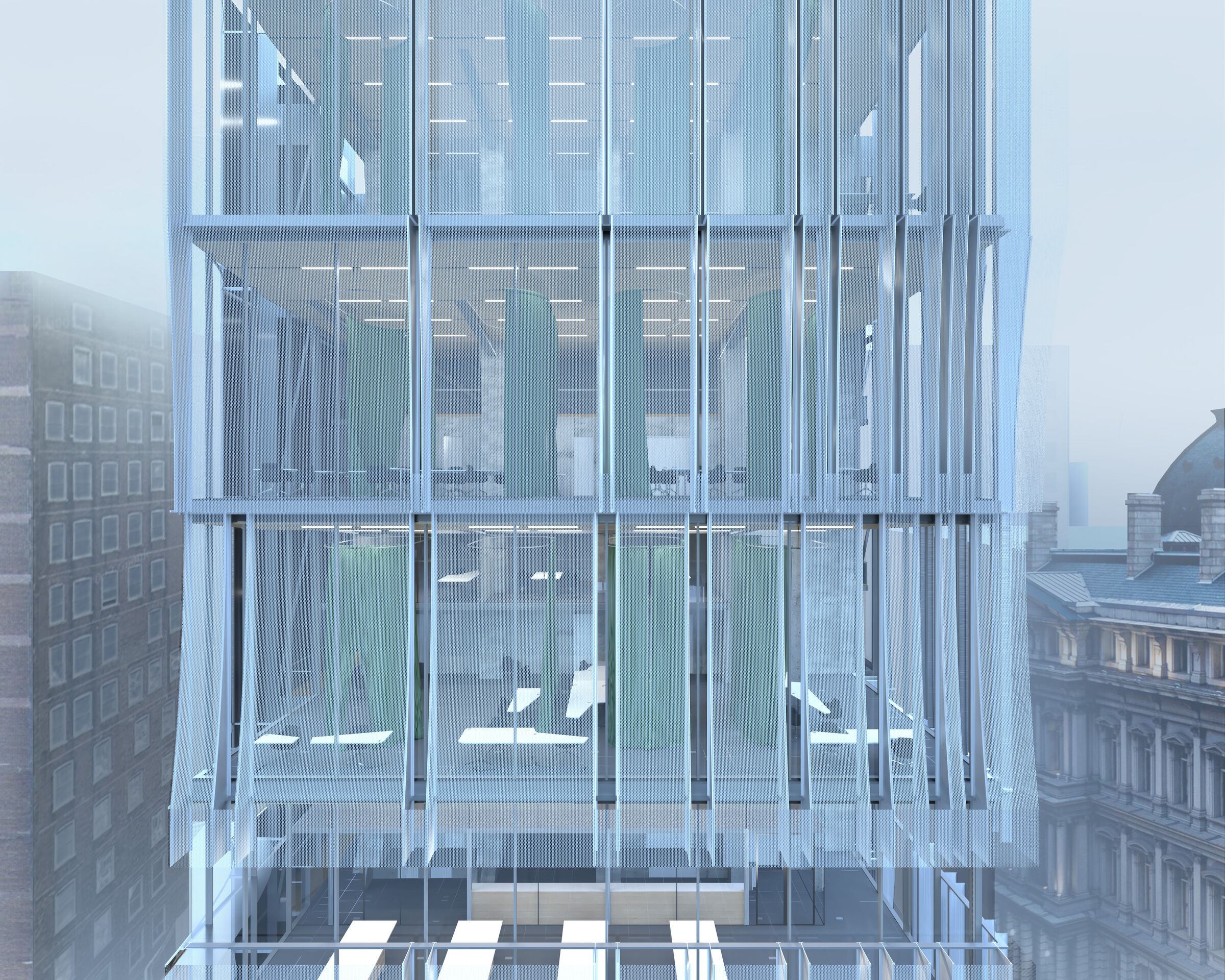 Upper Floors Façade: Perforated metal panels vary in density, denser above and more open below, responding to solar exposure