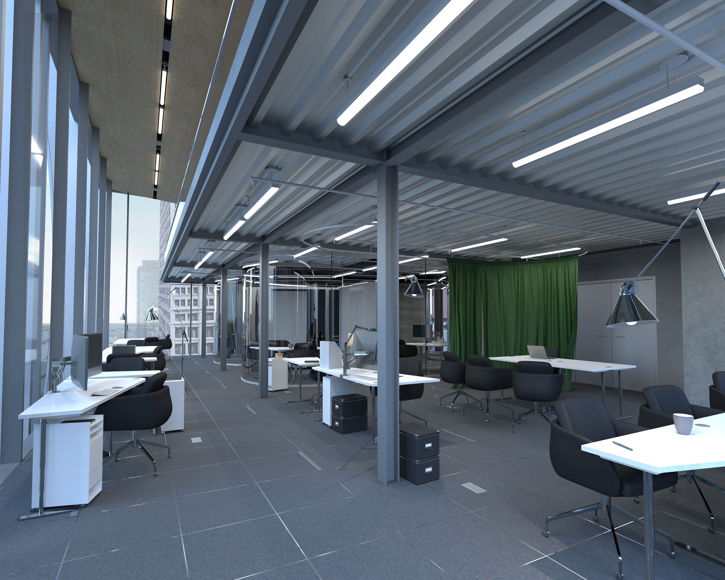 Lower Floors Interior: Offer private individual workstations and dedicated team areas designed for distraction-free focus