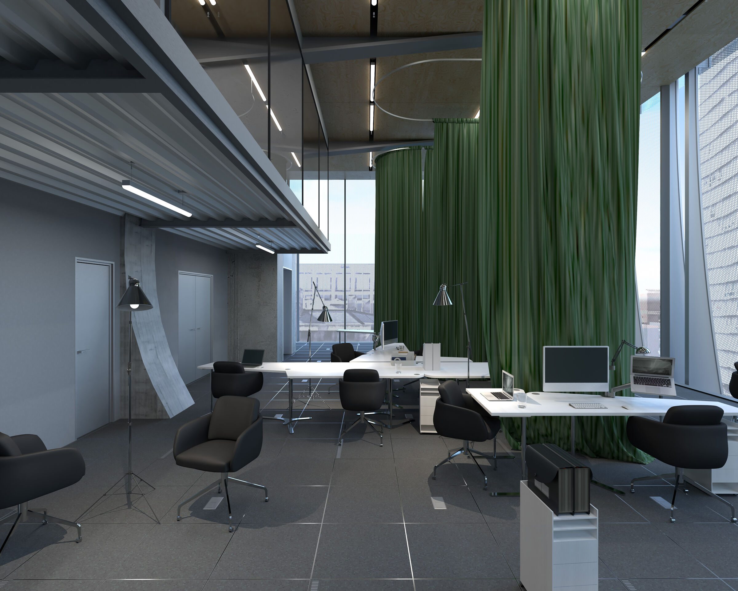 Upper Floors Interior: Provide open office space, with furniture layouts adapting to collaborative performance