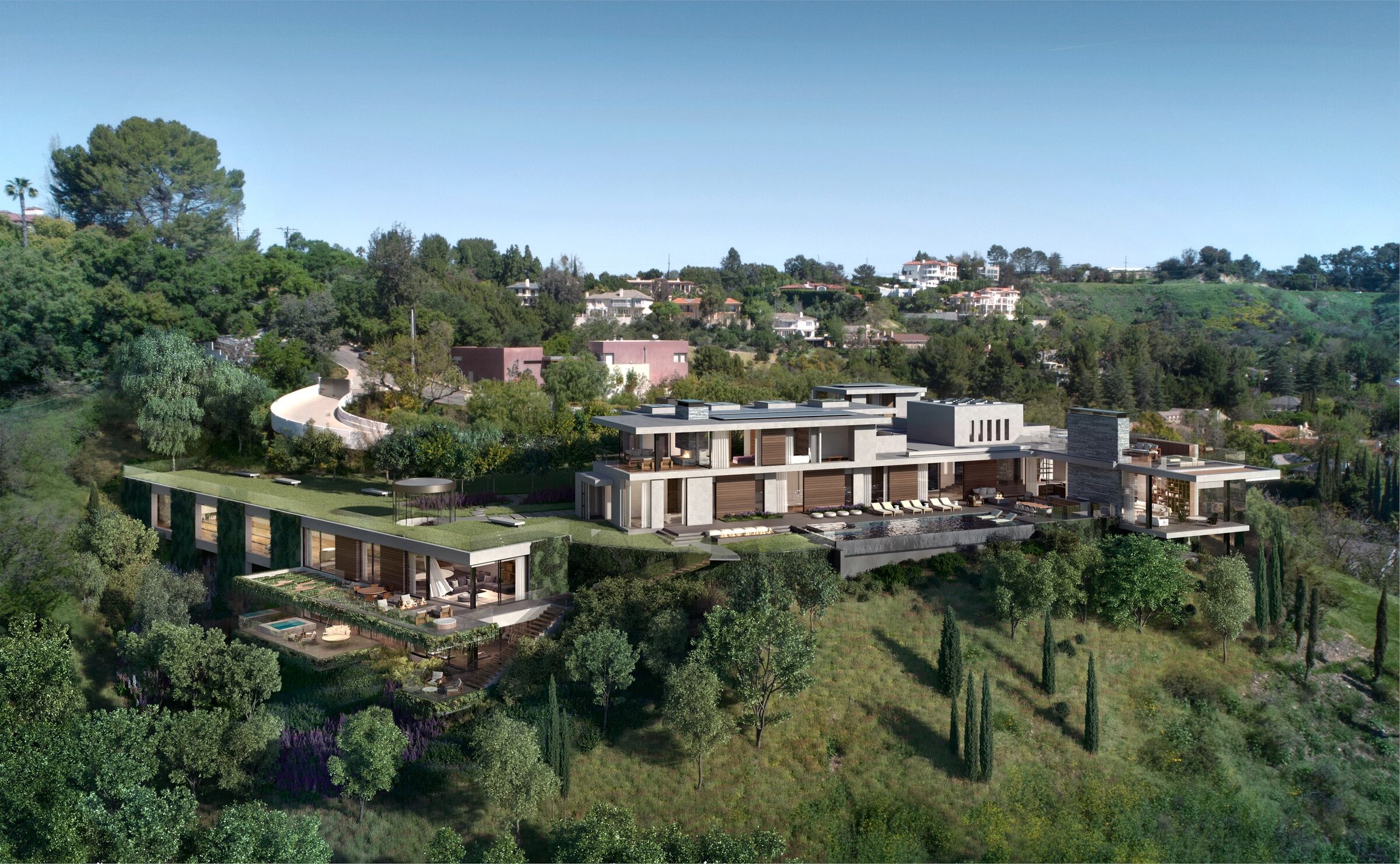 Benedict Canyon Drive, a modern detached guest house and entertainment destination with bowling alley and outdoor terraces in Beverly Hills
