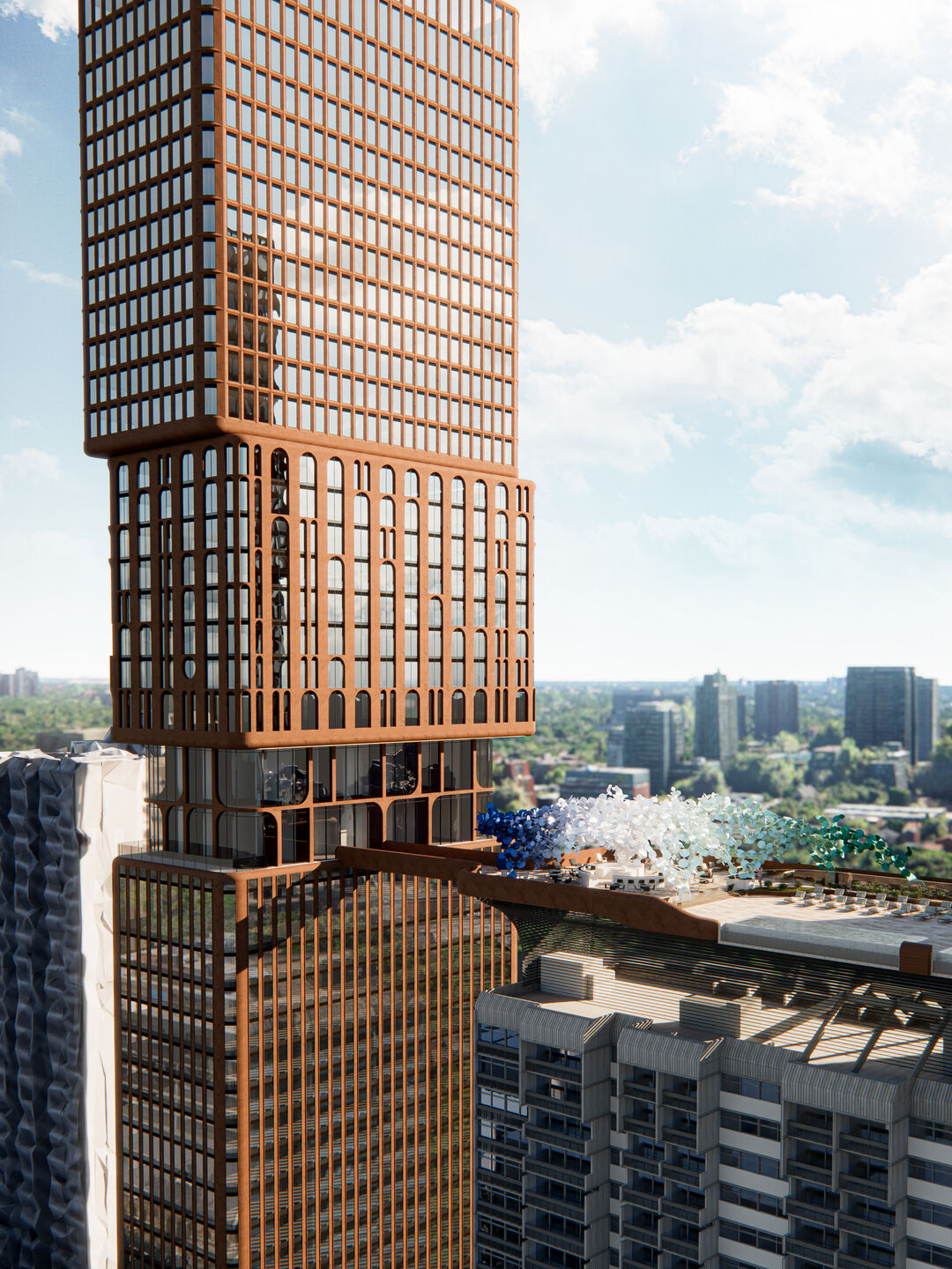 A skybridge at the seventeenth floor connects the tower's stacked, arched terracotta volumes to an expansive rooftop amenity terrace.