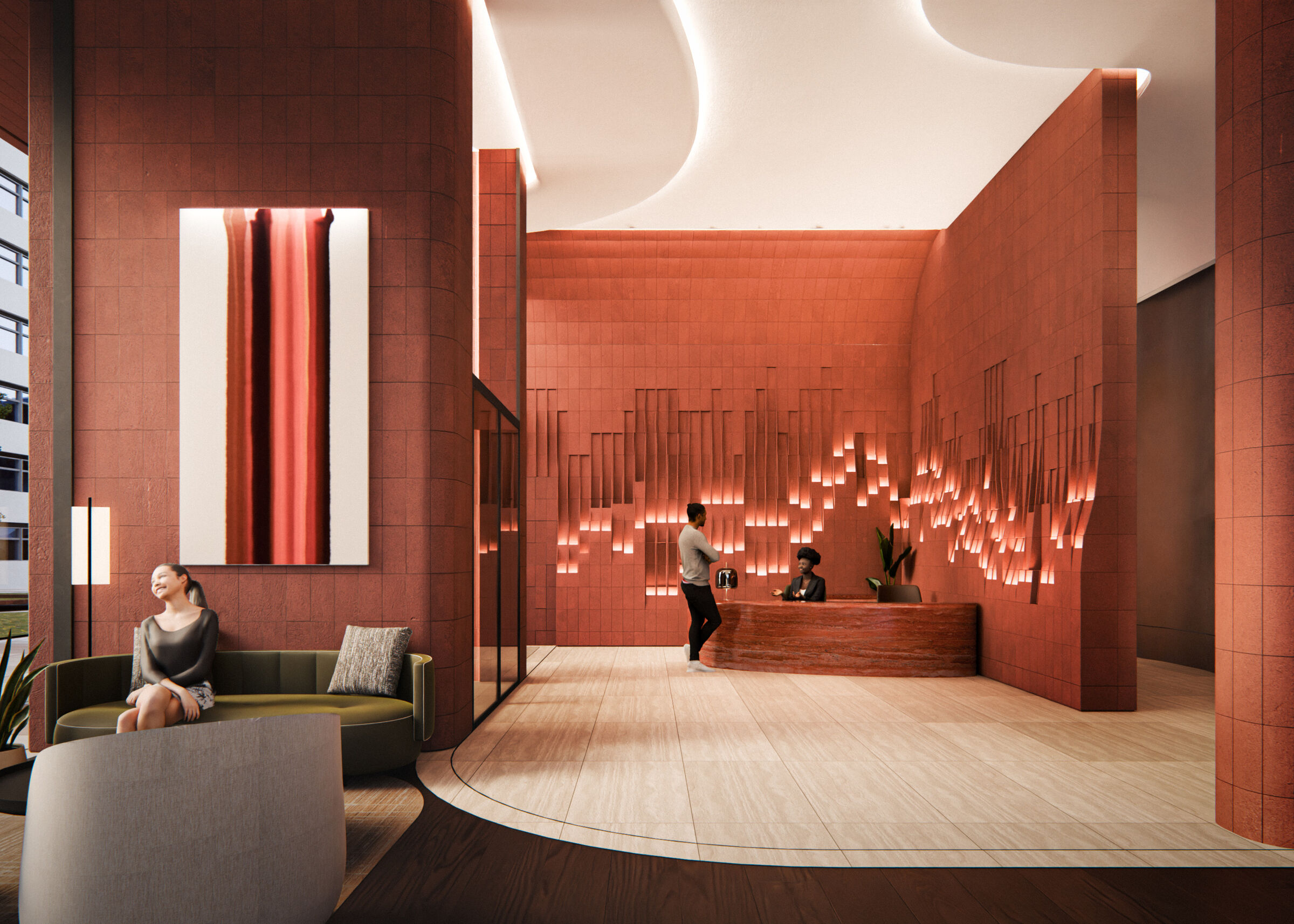 The Primrose Hill residential lobby features warm terracotta walls with integrated geometric lighting apertures, framing a sculpted reception desk beneath fluid cove-lit ceiling forms.