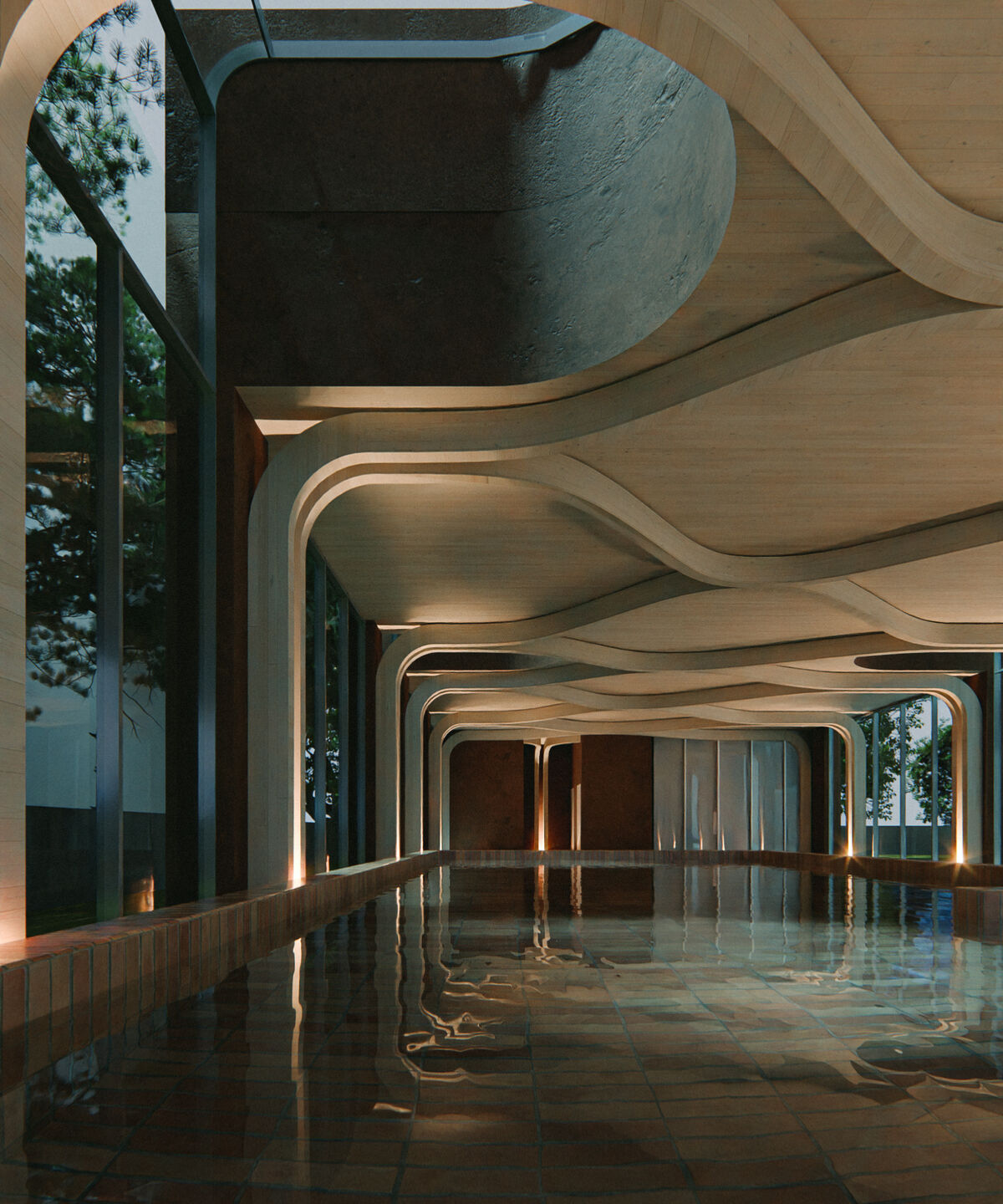 The indoor pool amenity at Primrose Hill features undulating structural frames that carve through a wood-slat ceiling, integrating an overhead light well and expansive perimeter glazing.