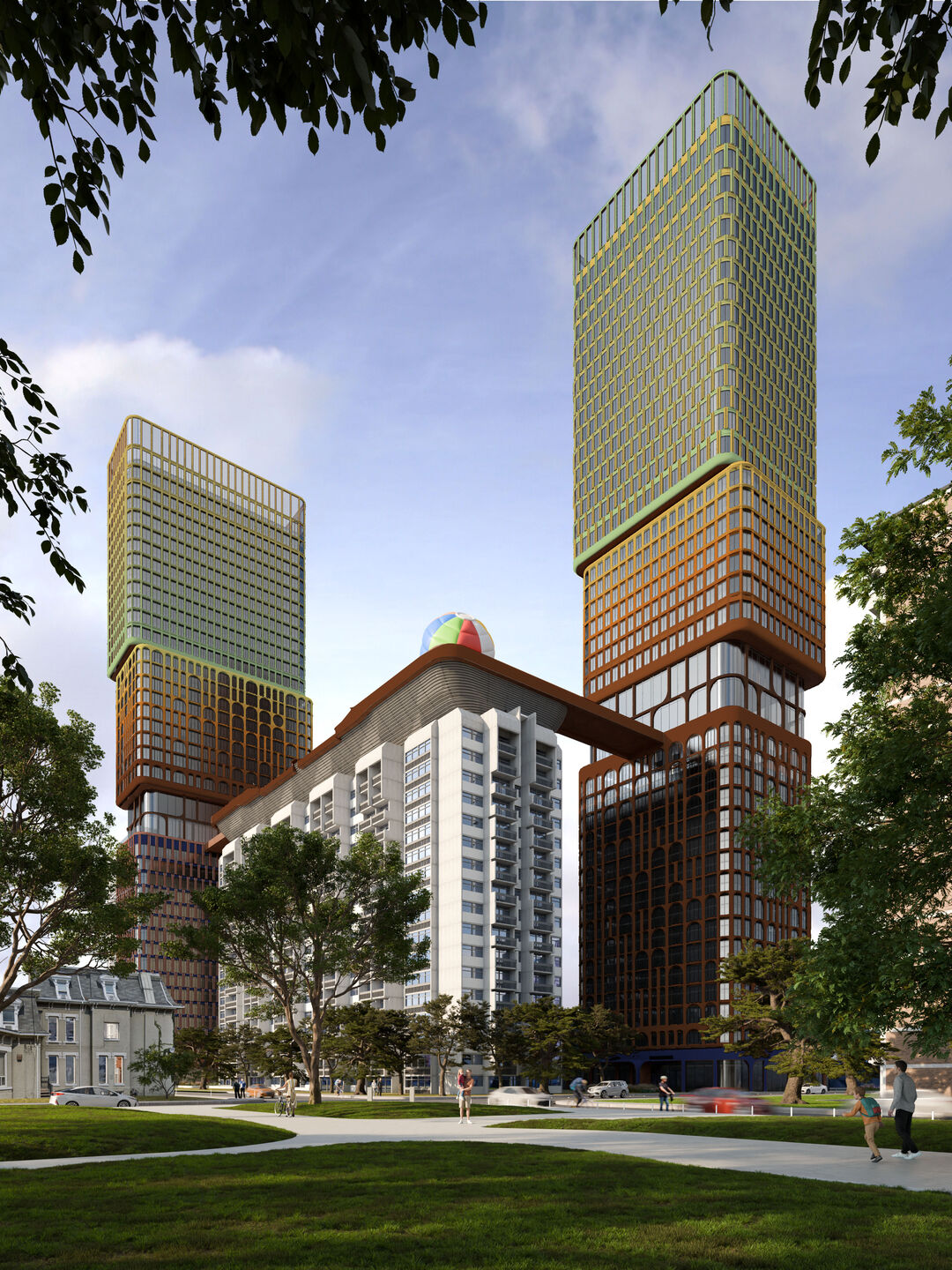 An exterior rendering of Primrose Hill captures the stacked rental towers and connecting skybridge, showcasing a vibrant facade color gradient developed in collaboration with artist Adam Nathaniel Furman.