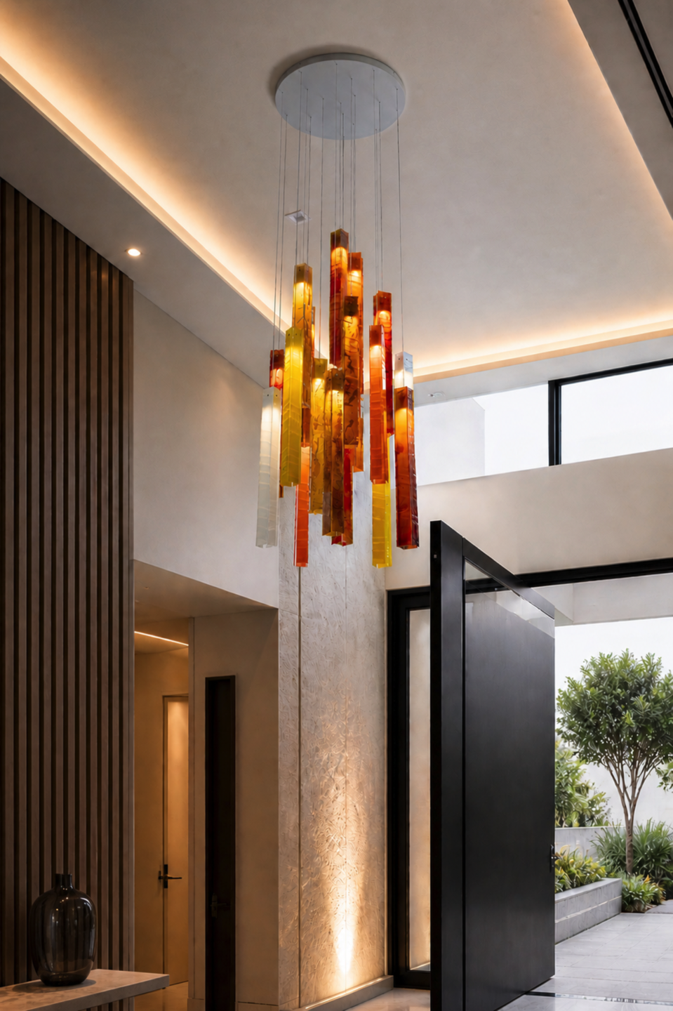 Custom Sunbeam glass chandelier creating a vertical lighting feature in the double-height entrance.