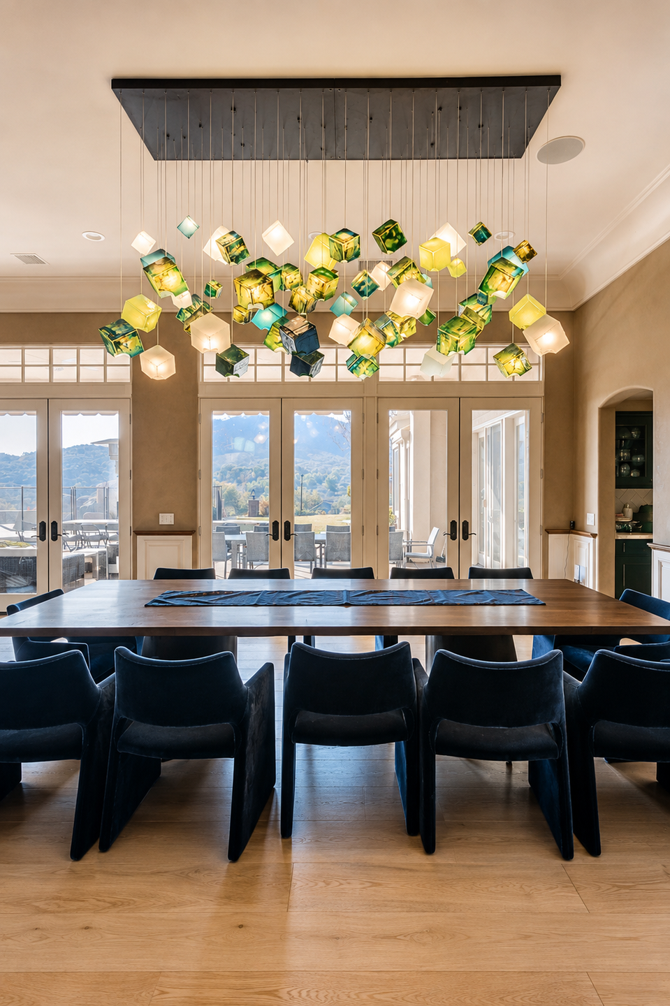 Handcrafted Noya glass cubes suspended above the dining table, connecting color, art and light.