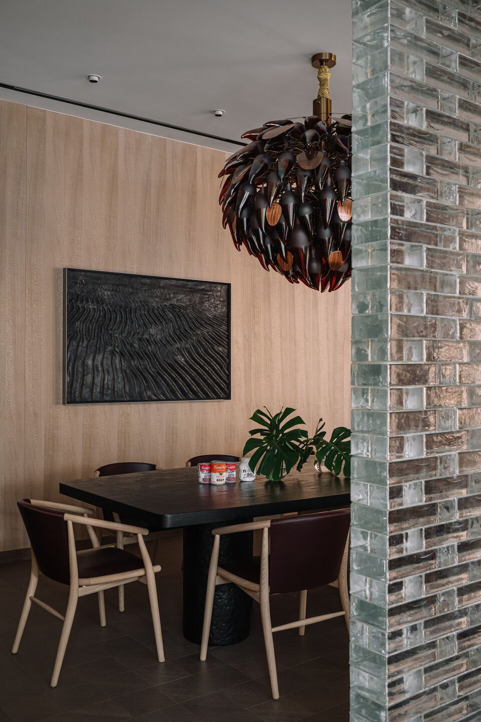 Dining Room with a glass brick wall