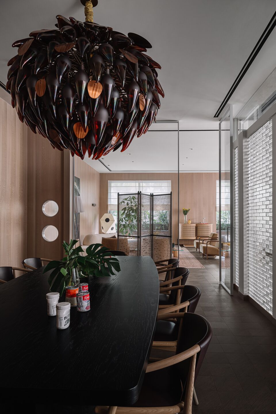 Dining Room with a glass brick wall