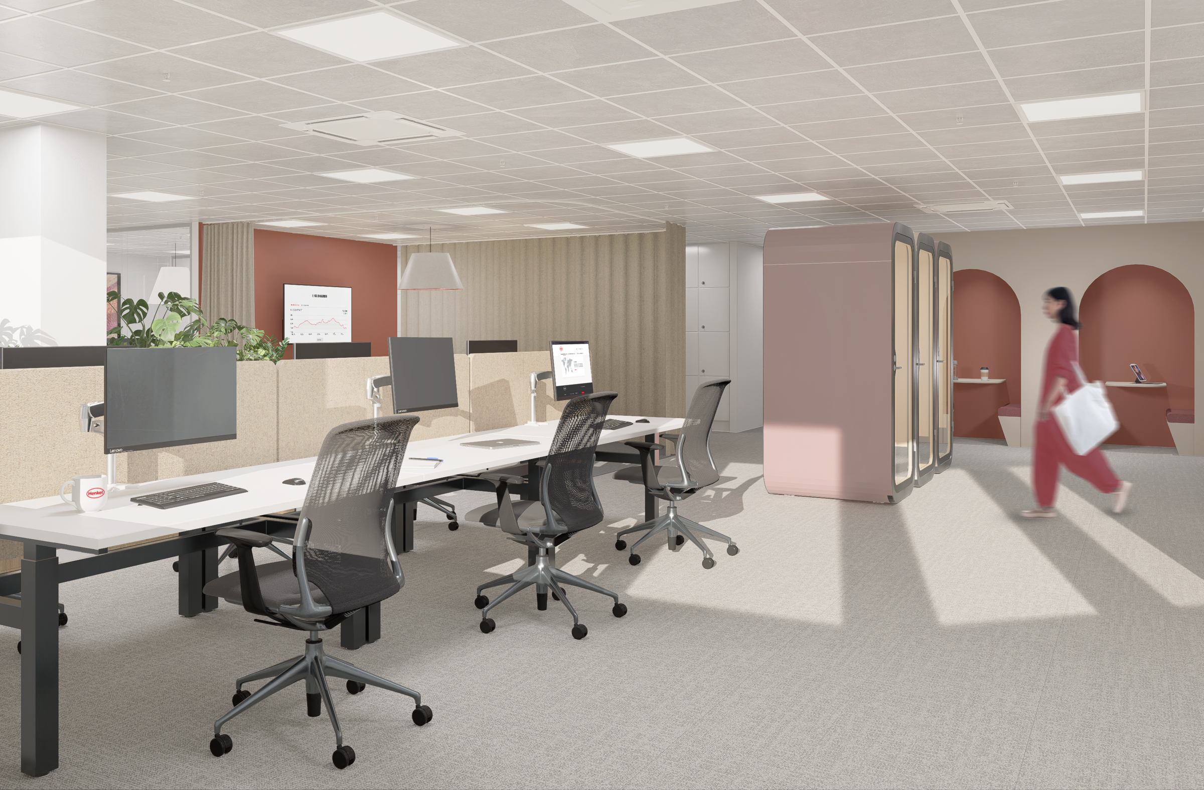 Renders of the workstations and phone booths
