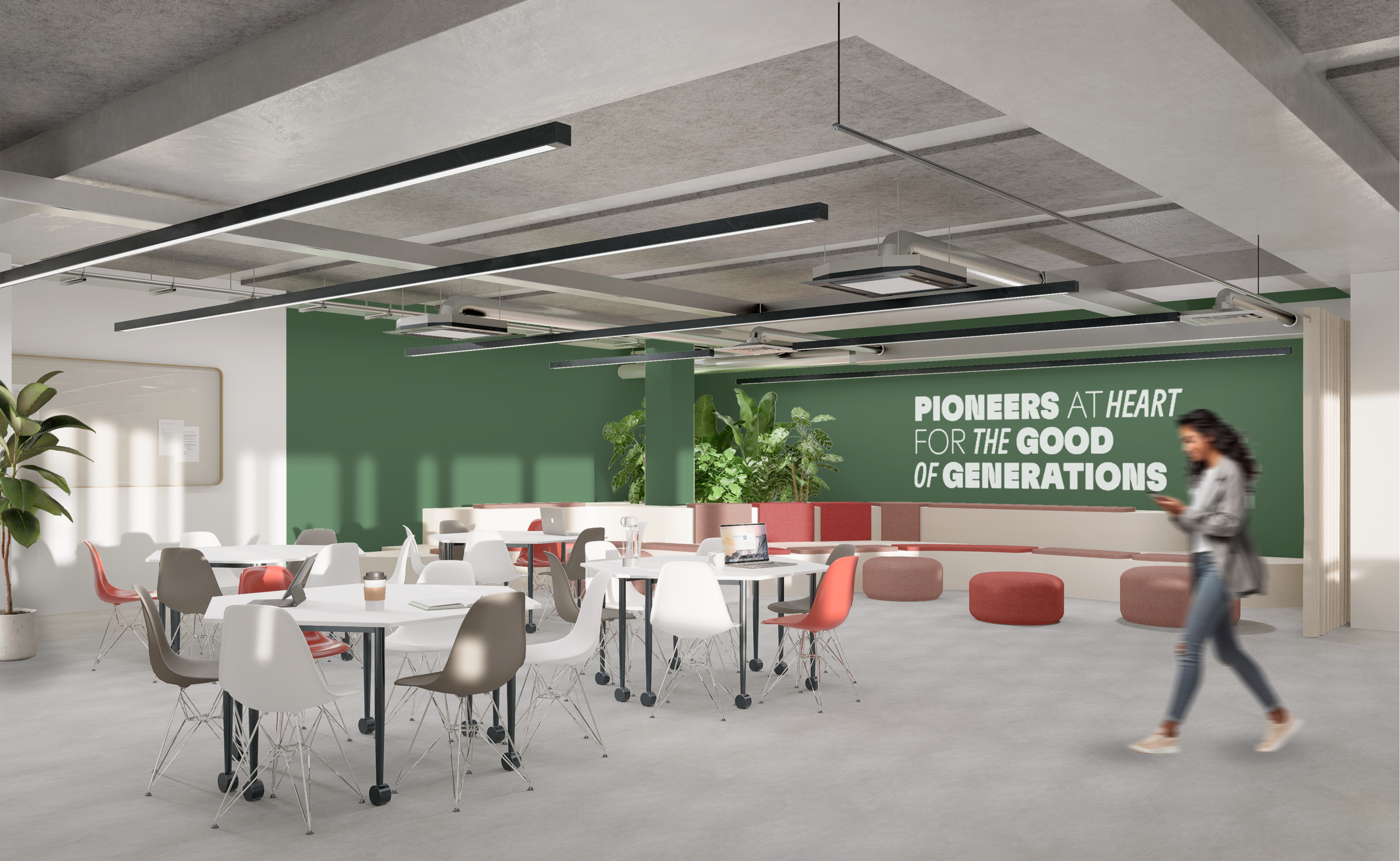 Renders of the cafeteria and the tribune