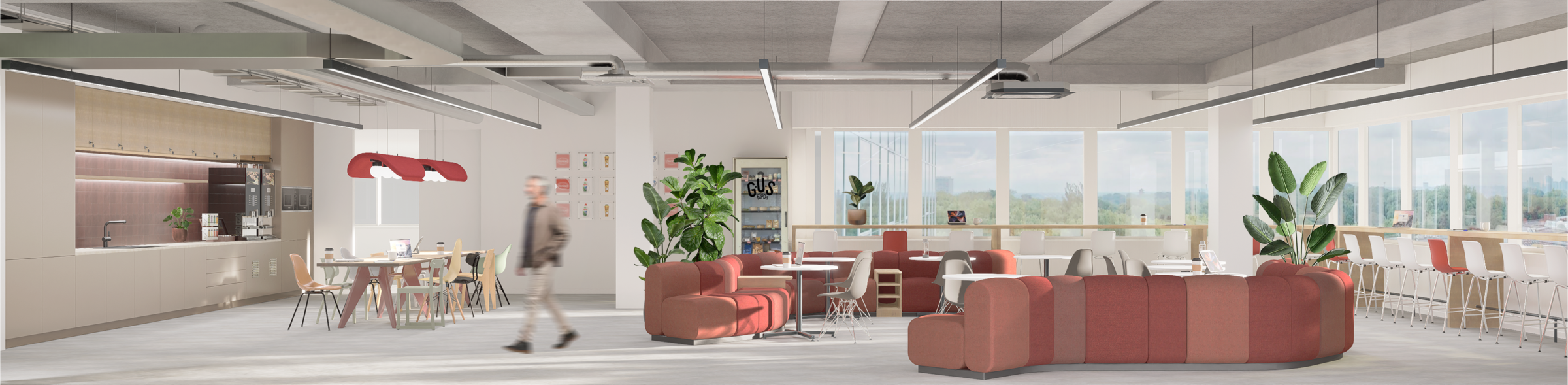 Renders of the community space and cafeteria
