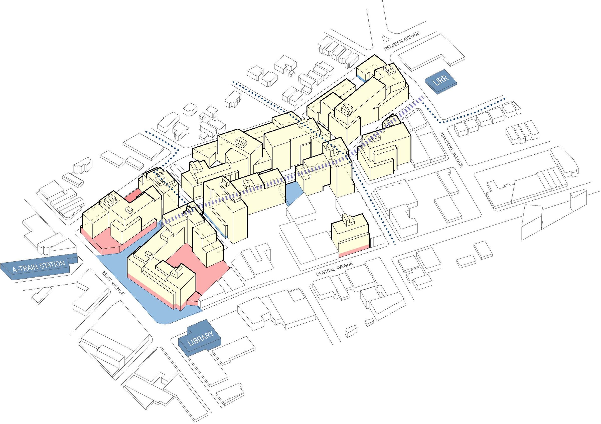 This axonometric diagram illustrates the overall massing and strategic layout of Rockaway Village, showing eight buildings arranged around new green spaces and public streets.