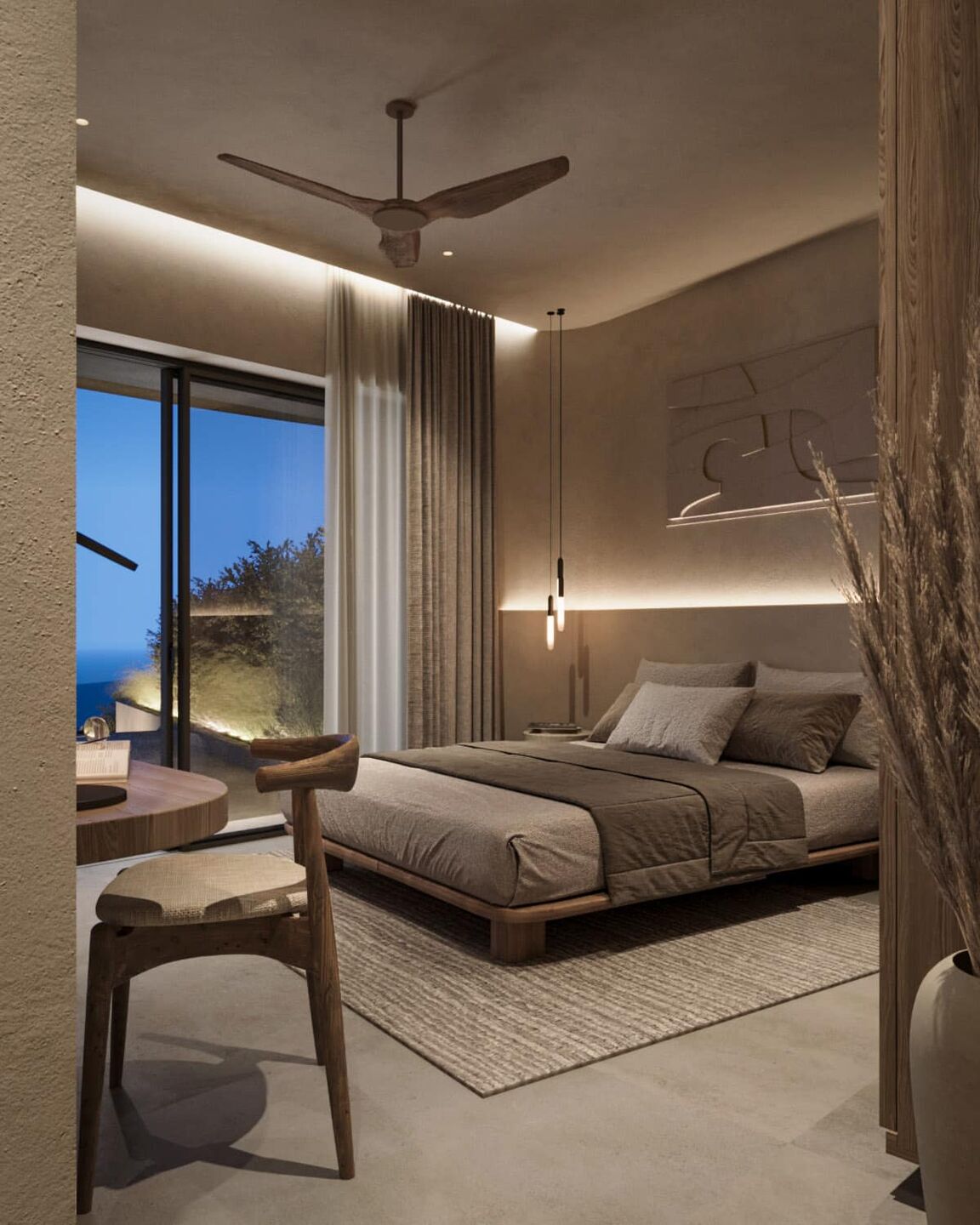 Bedroom defined by natural textures and a framed sea view.