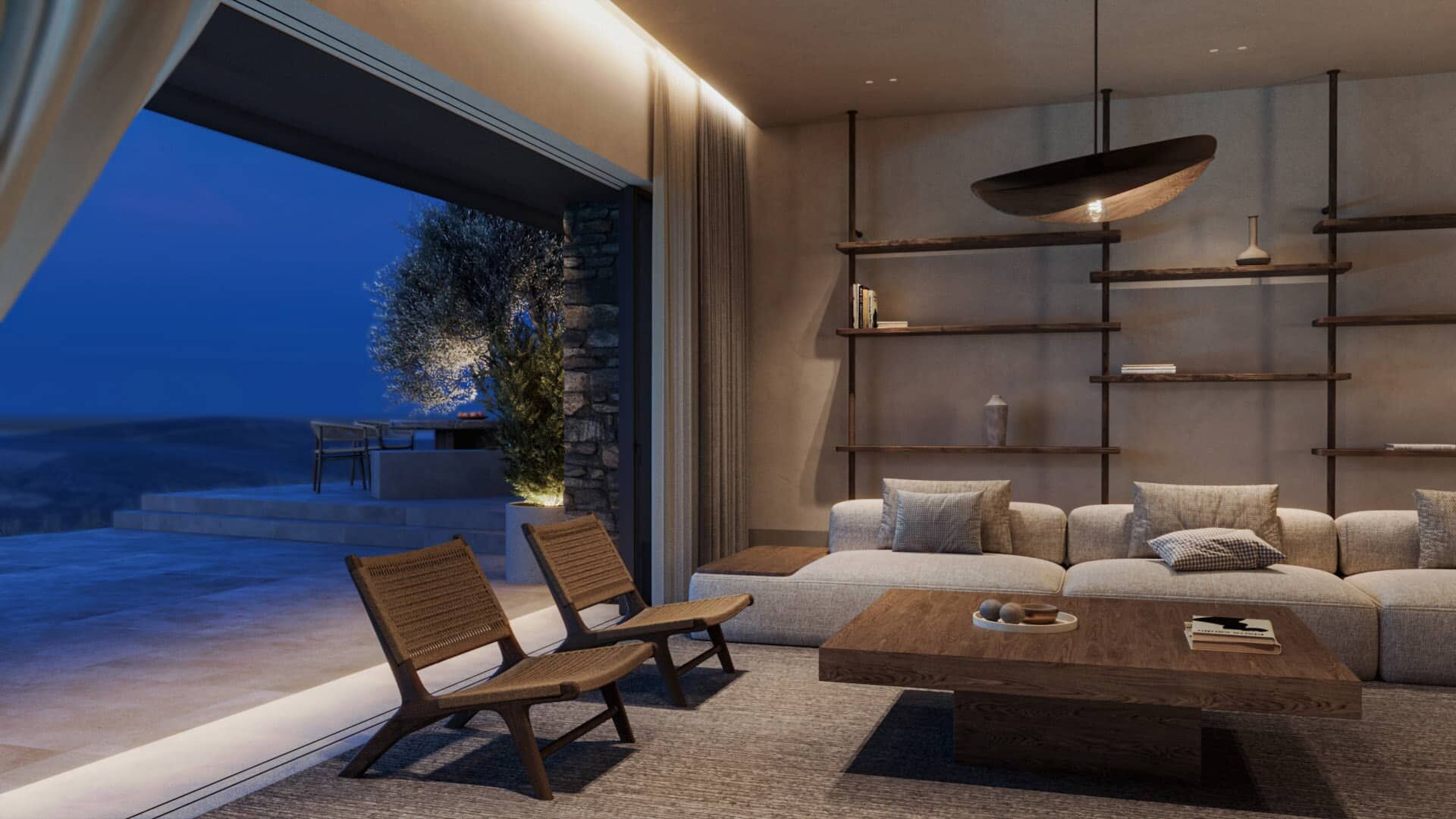 Interior lounge connected to the outdoor terrace at dusk.
