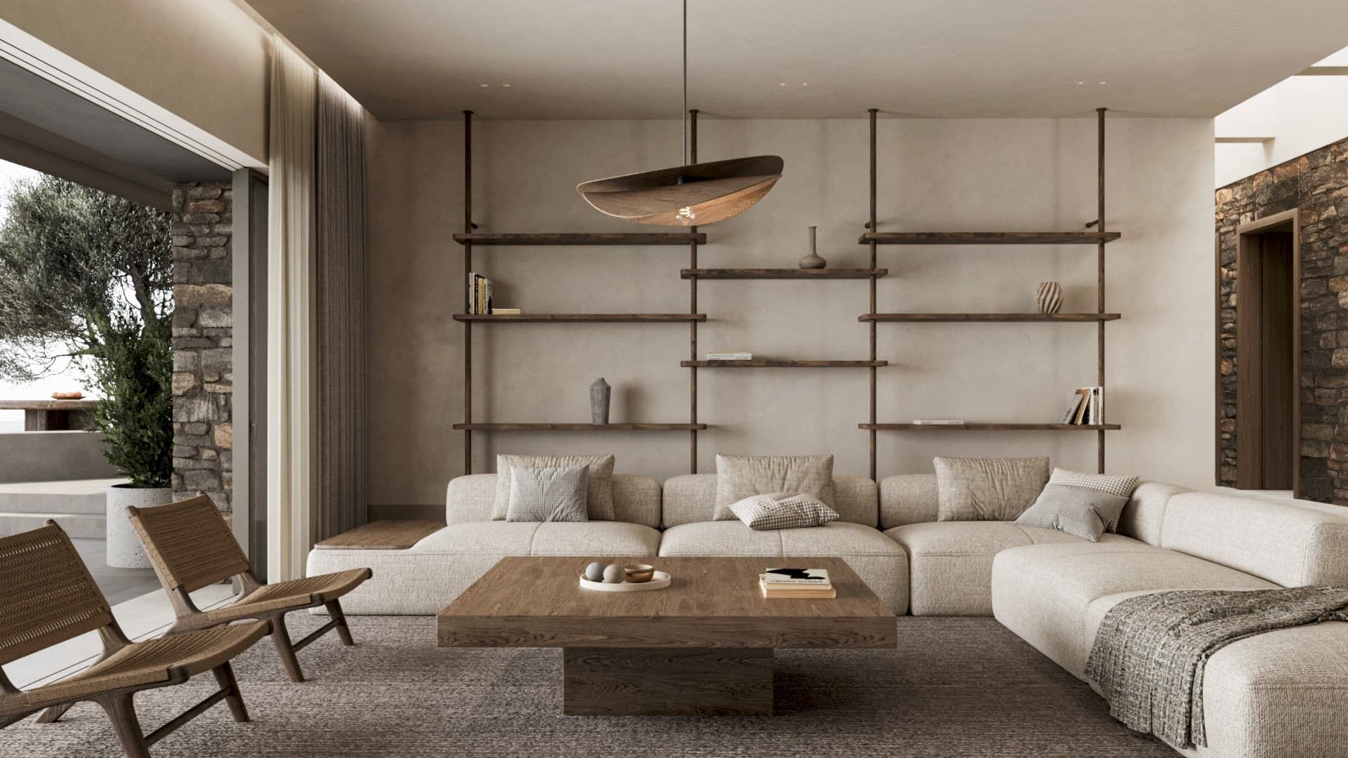 Living area combining stone, timber and warm integrated lighting.