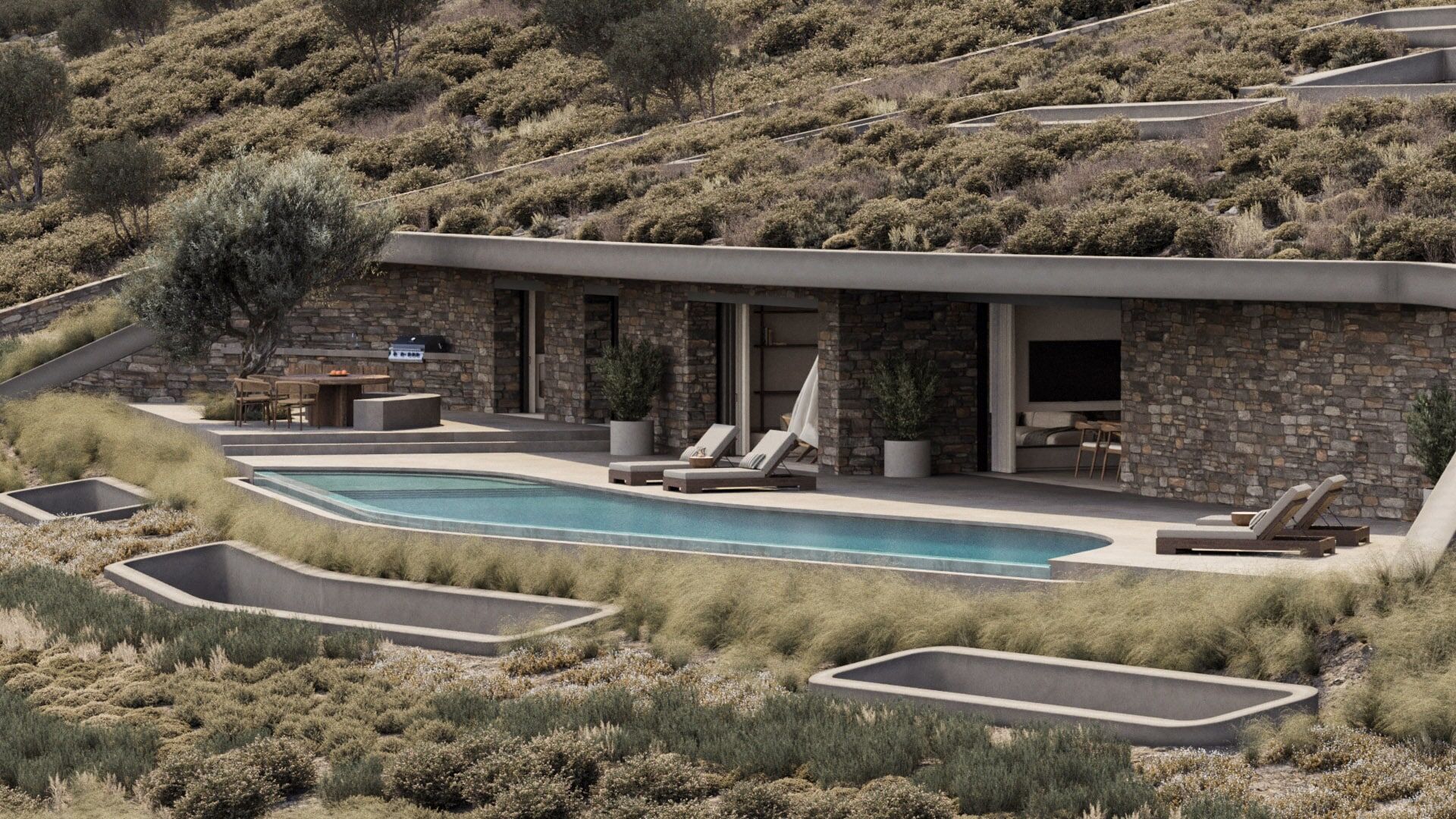 Private pool terrace framed by stone walls and planted roofscape.