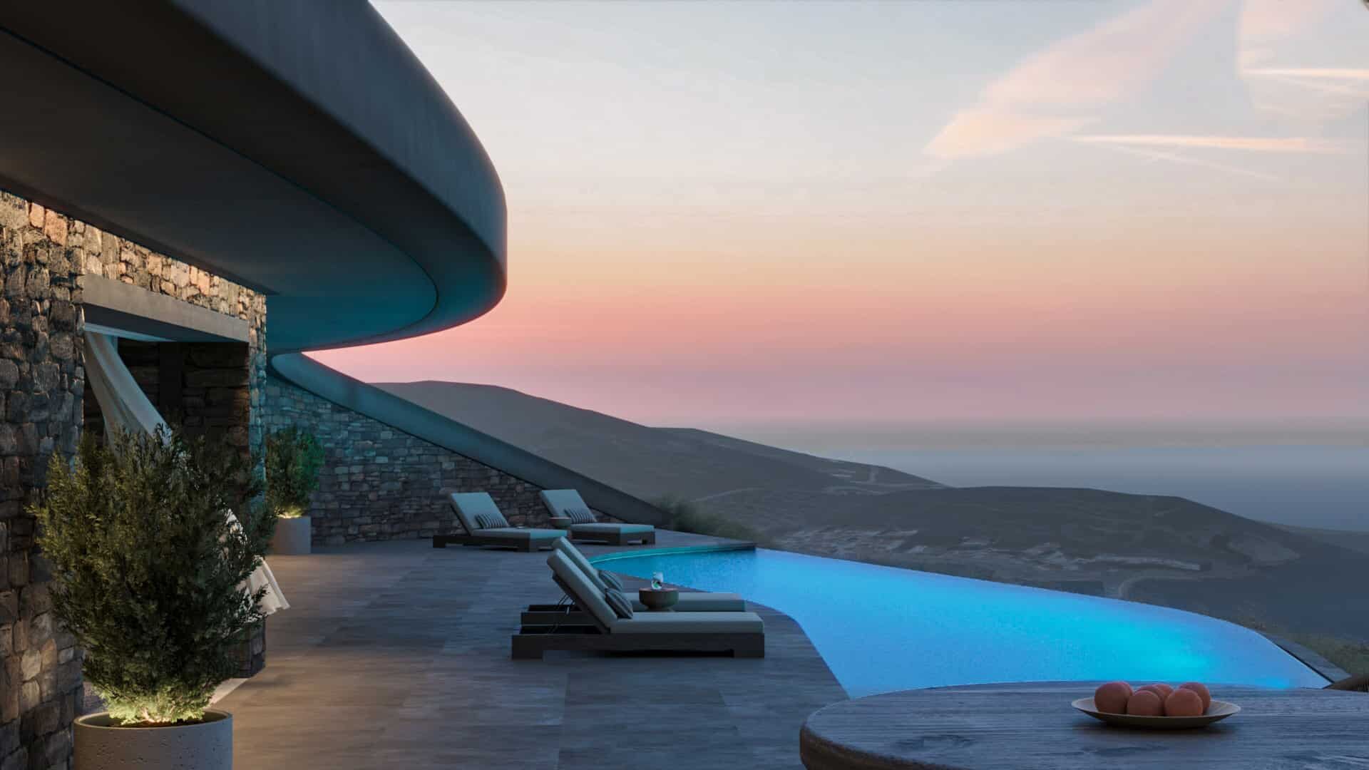 Private infinity pool overlooking the Aegean landscape at sunset.