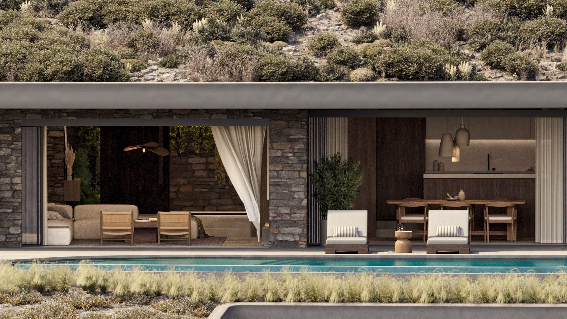 Living area opening directly onto the private pool and surrounding landscape.