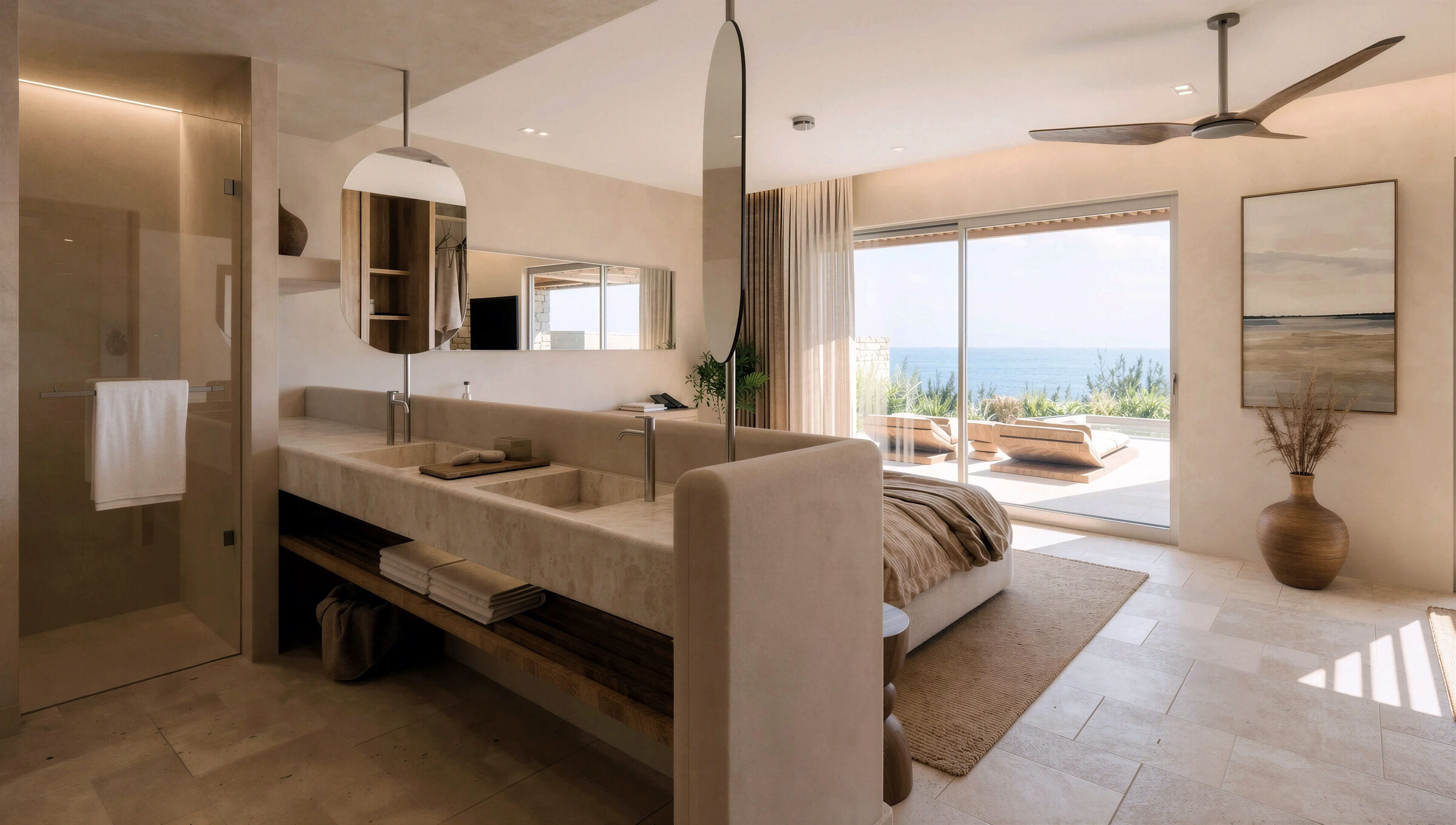 Open-plan guestroom interior connecting the sleeping area, bathroom and outdoor terrace.