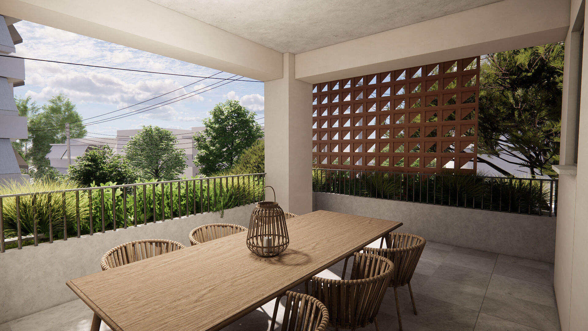 Outdoor dining terrace conceived as an extension of the interior living space.