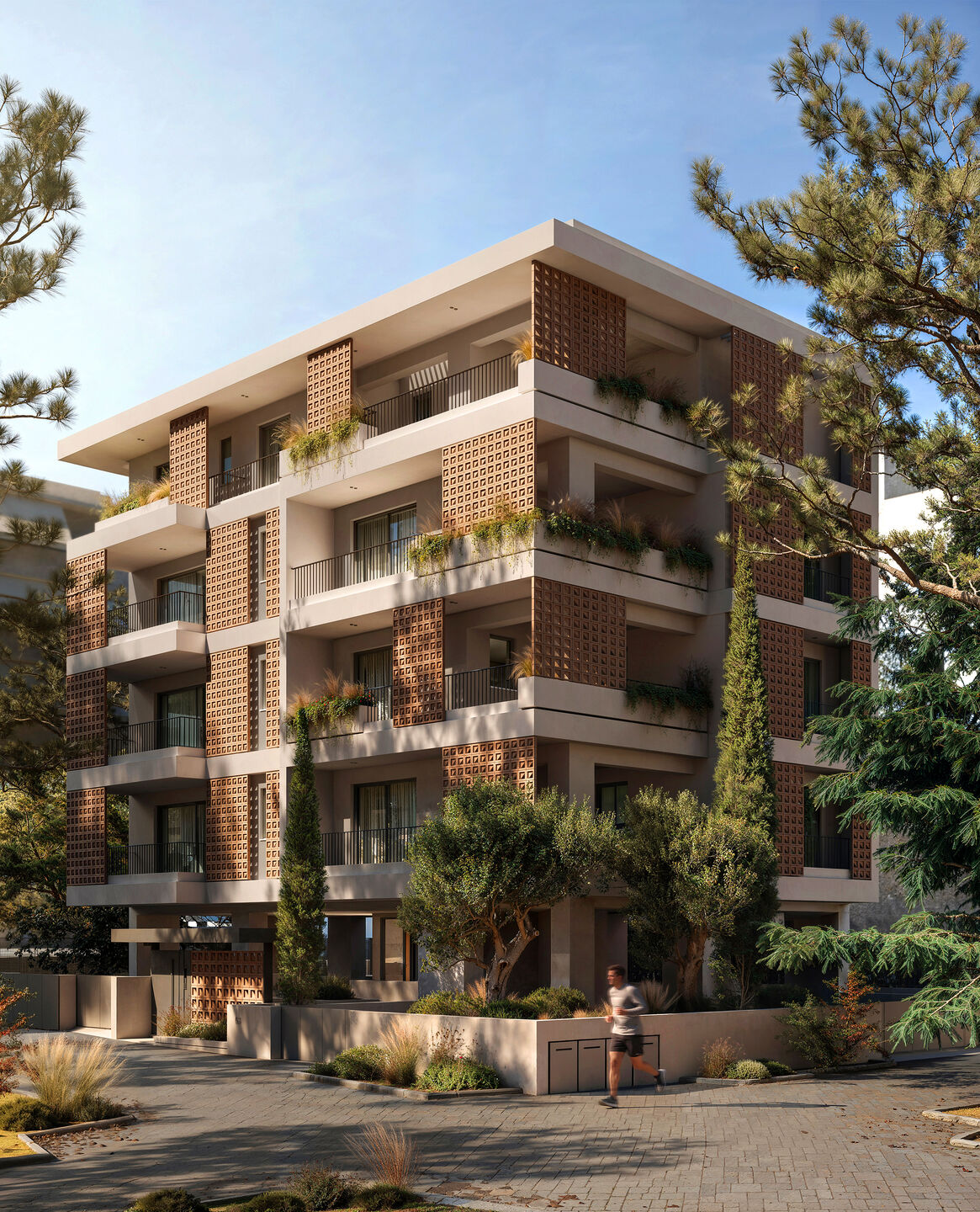 Corner view highlighting the layered balconies, integrated planting and perforated ceramic screens.