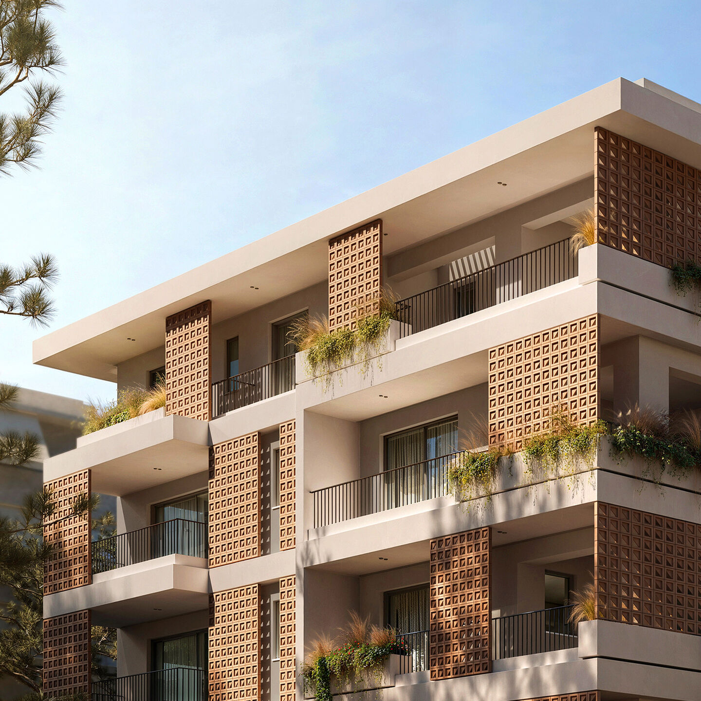 Façade detail showing the interplay of deep balconies and ceramic shading elements.