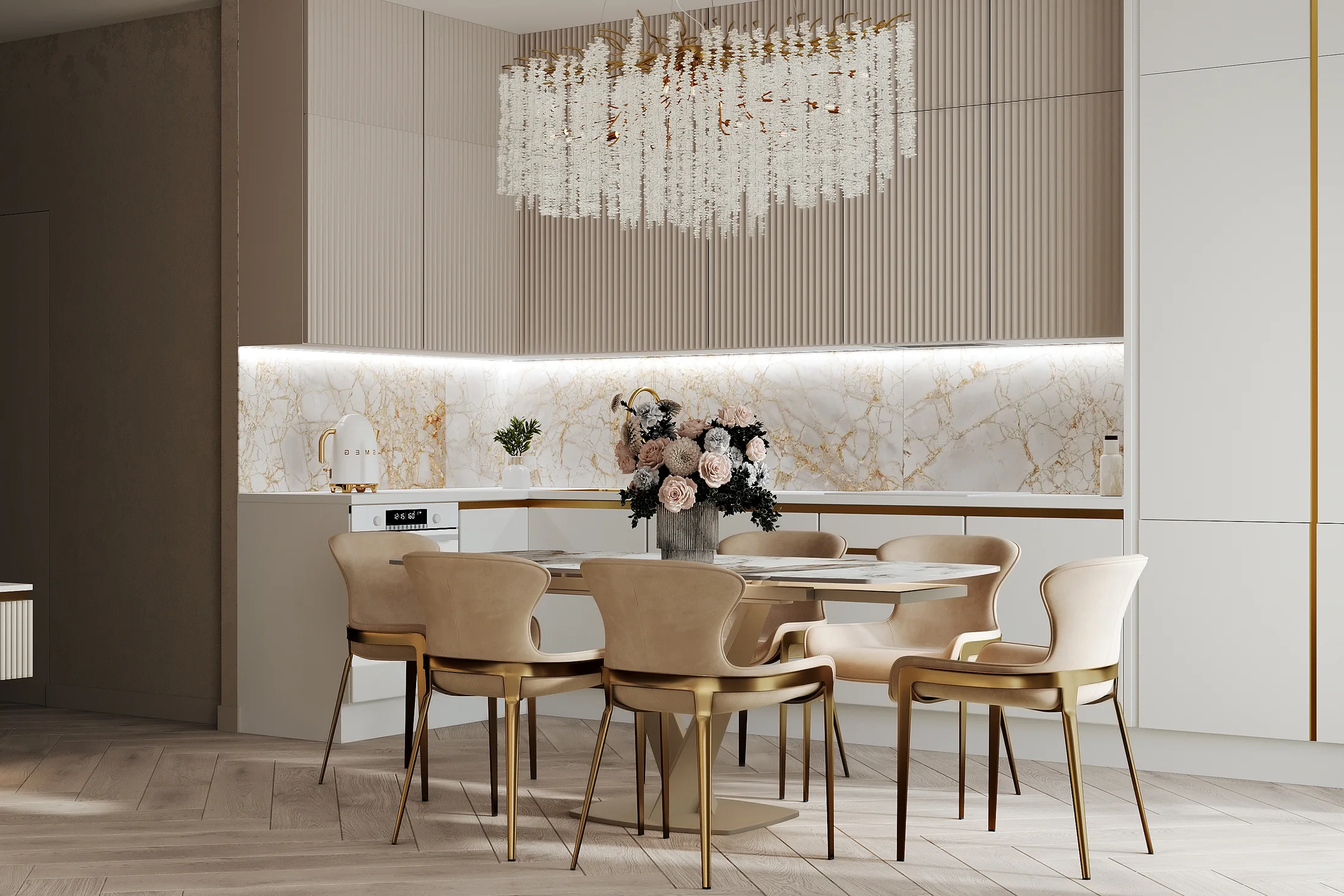Kitchen and living area — 3D visualization by RemBrand, design concept, 2026.