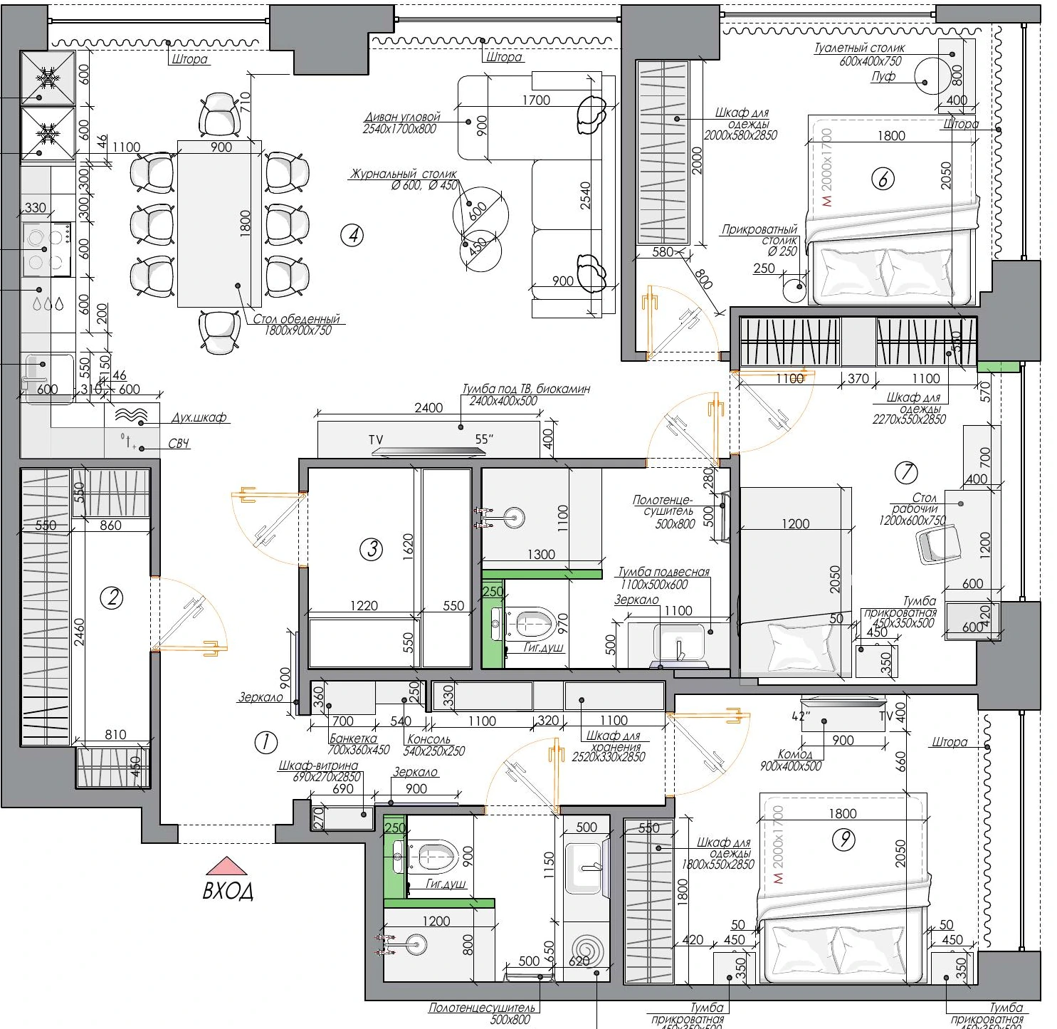 Furniture layout plan — working drawing by RemBrand, design project, 2026.