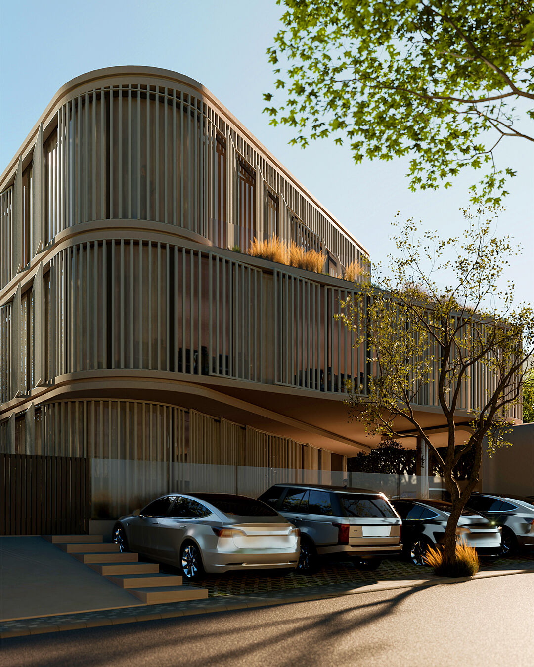 A continuous layer of vertical louvers unifies the projecting and recessed volumes.