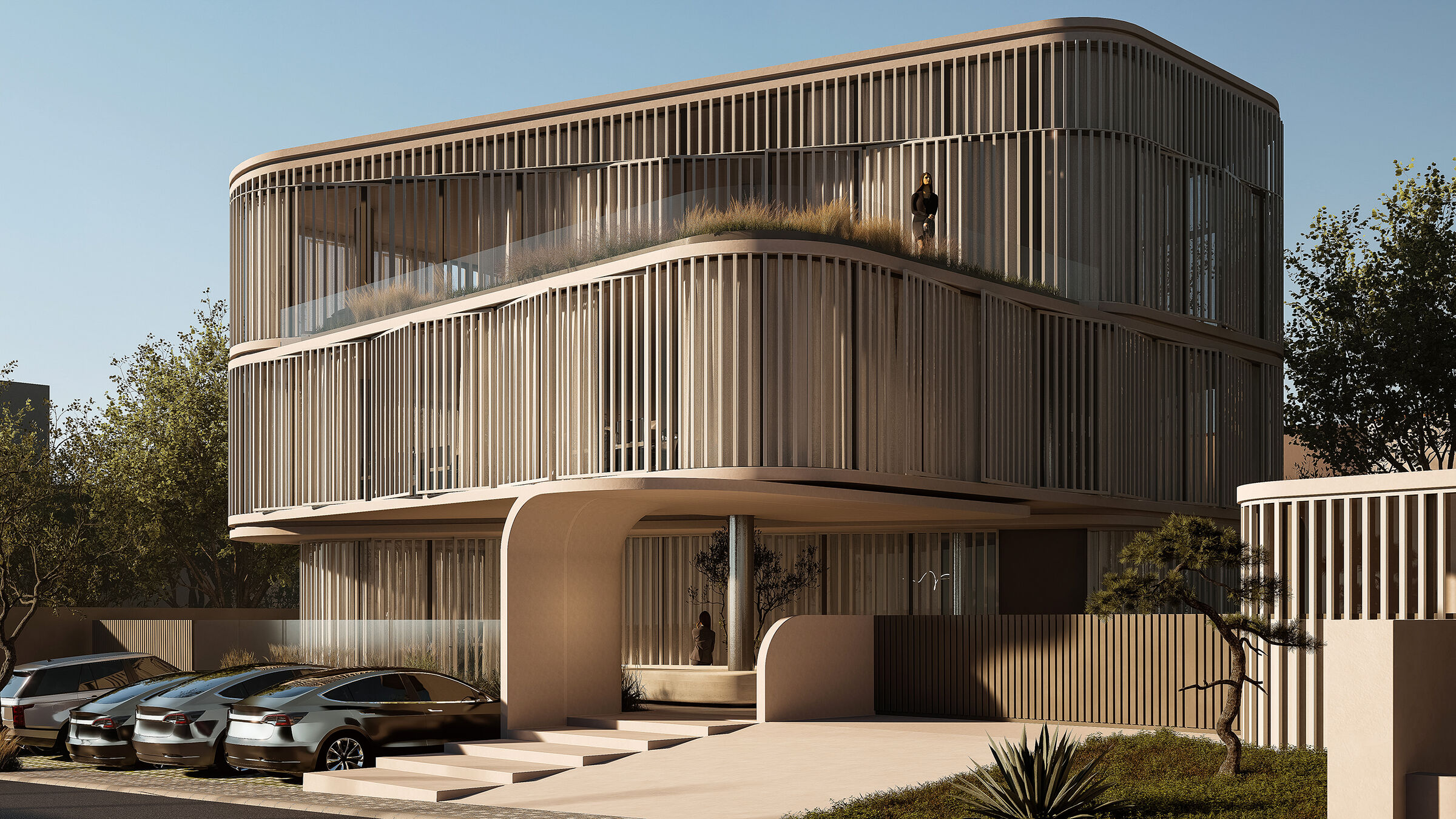 Layered volumes and shifting outlines give the office building a distinct urban presence.