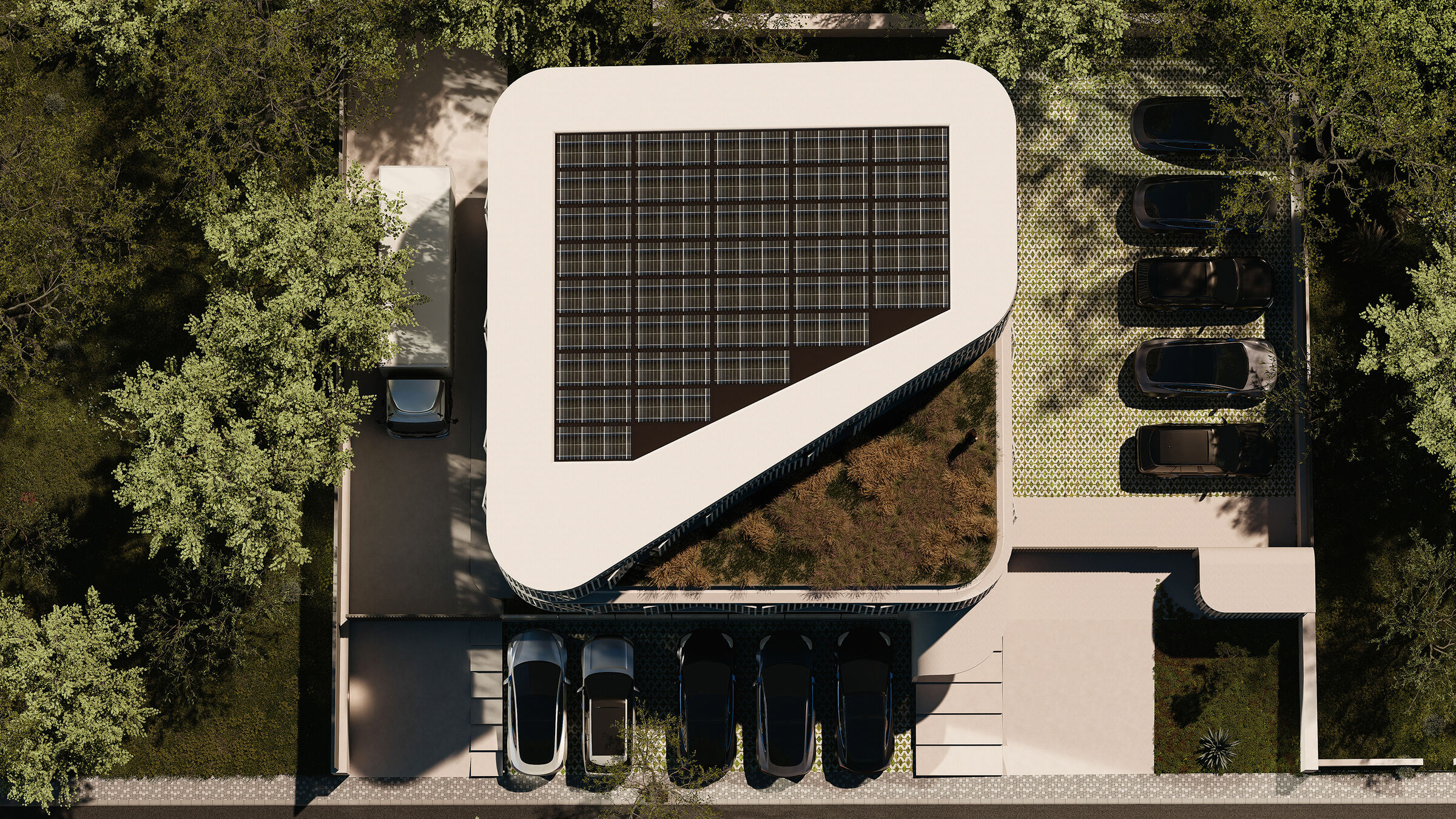 The sloped roof and planted outdoor terrace extend the composition beyond the enclosed office spaces.