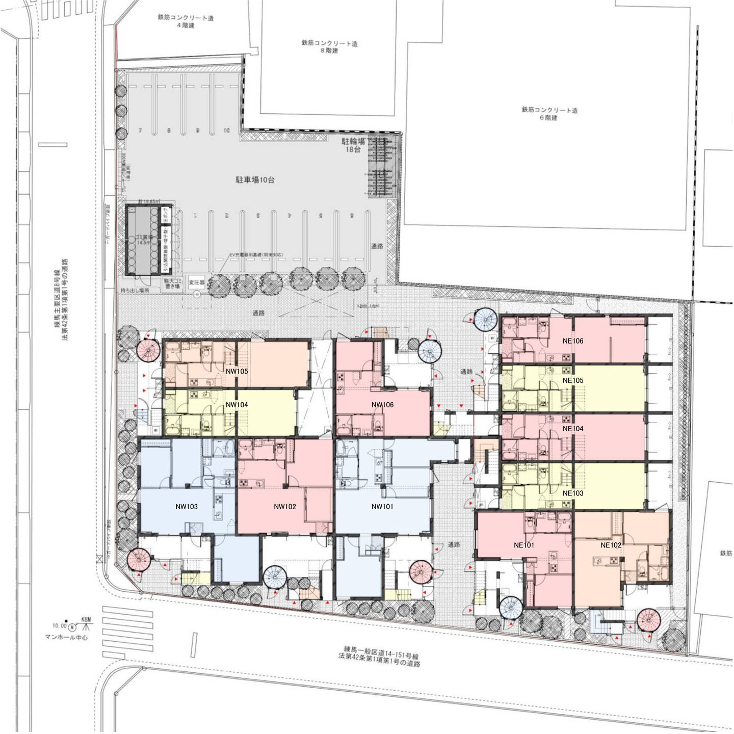 First floor plan (The units are color-coded for easy identification.)