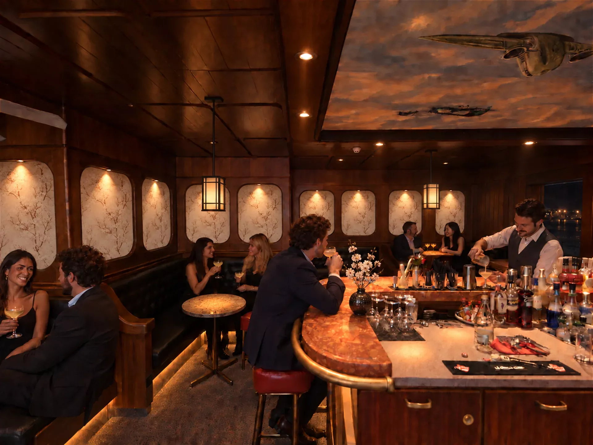 Dark timber lounge bar with a glowing stone counter