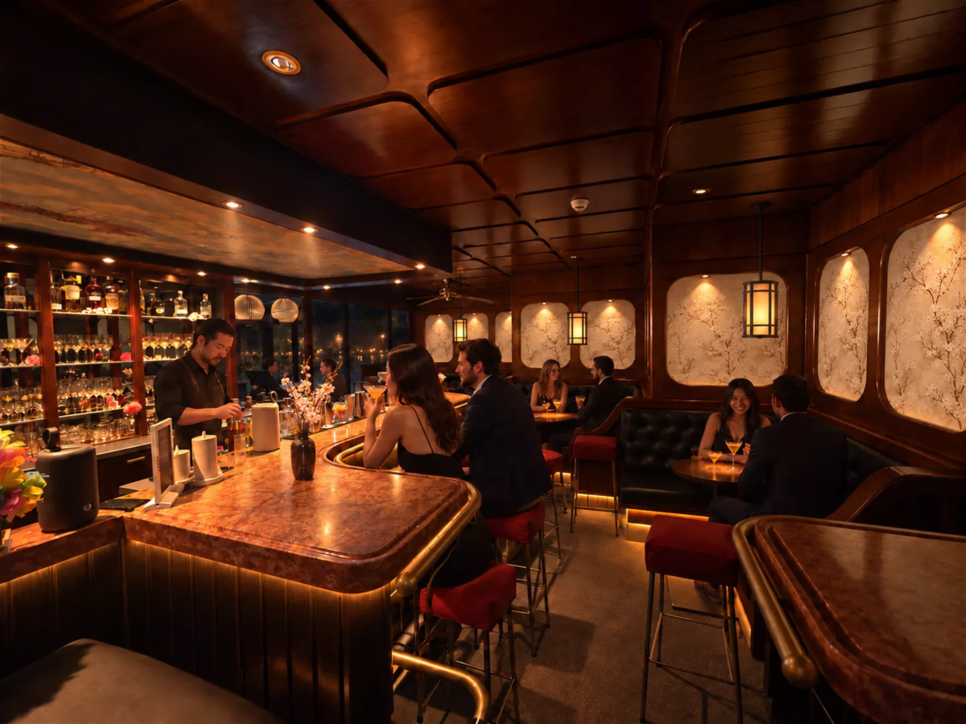 Layered hospitality lighting and seating atmosphere