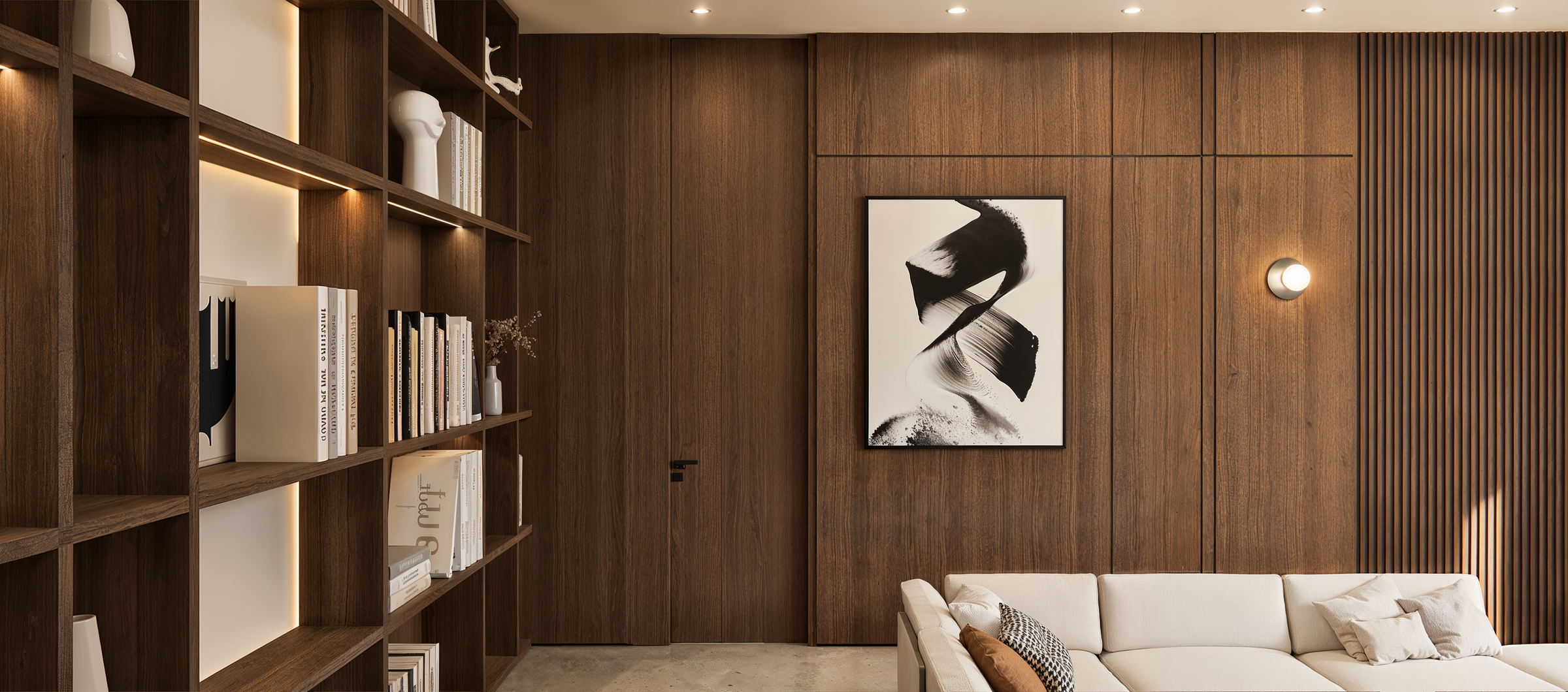 Bespoke timber shelving and wall paneling establish a continuous architectural language, integrating concealed doors, ambient lighting, and carefully composed material transitions.